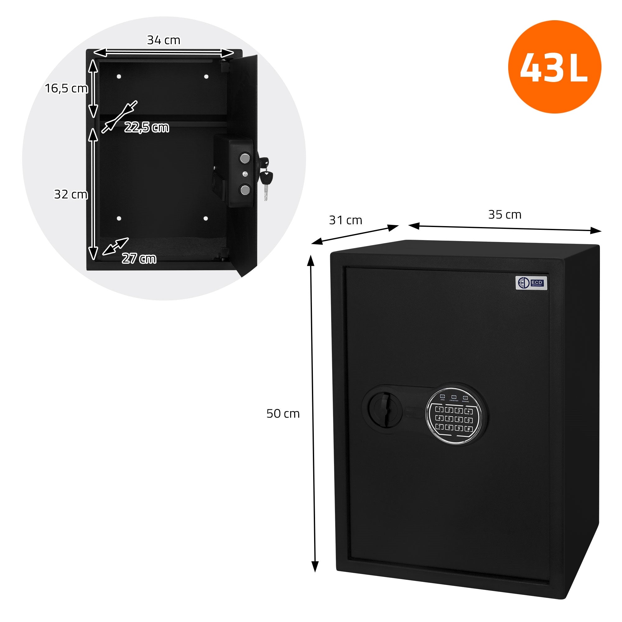 Schwarzer Safe mit Maßangaben und einem orangefarbenen 43L-Symbol.