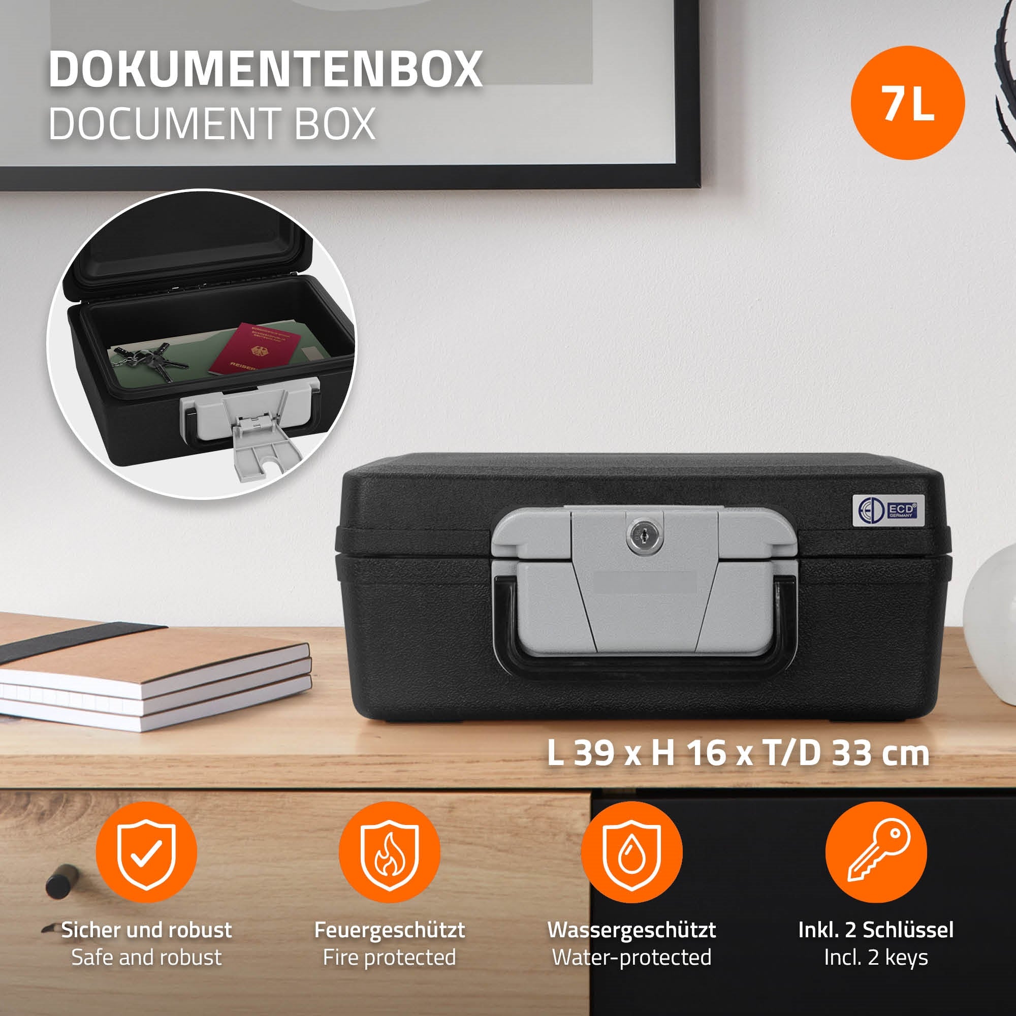 Caja de documentos con tapa abierta, contenido visible, sobre una mesa.