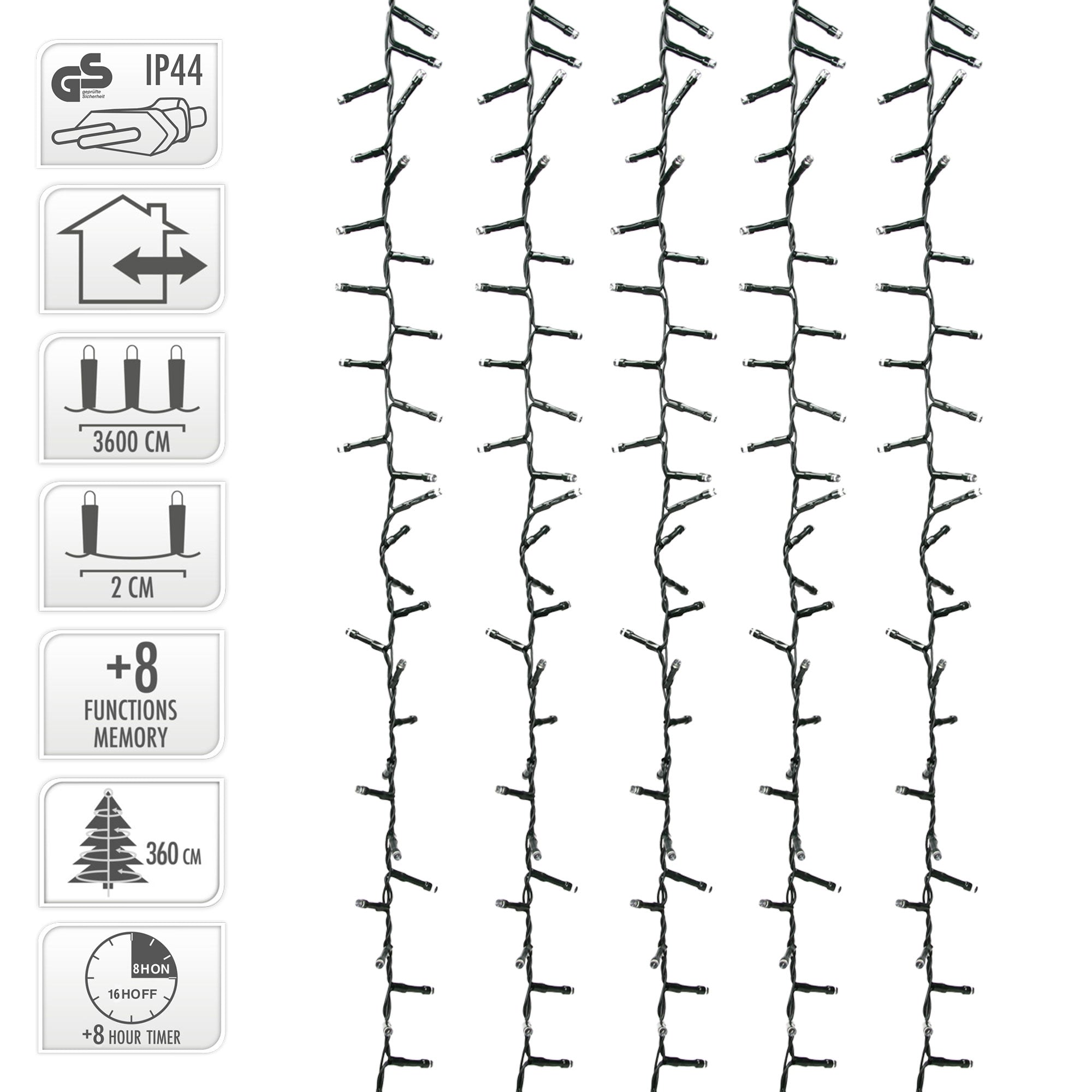 String lights with multiple functions, 3600 cm long, IP44, 2 cm spacing between the lights.