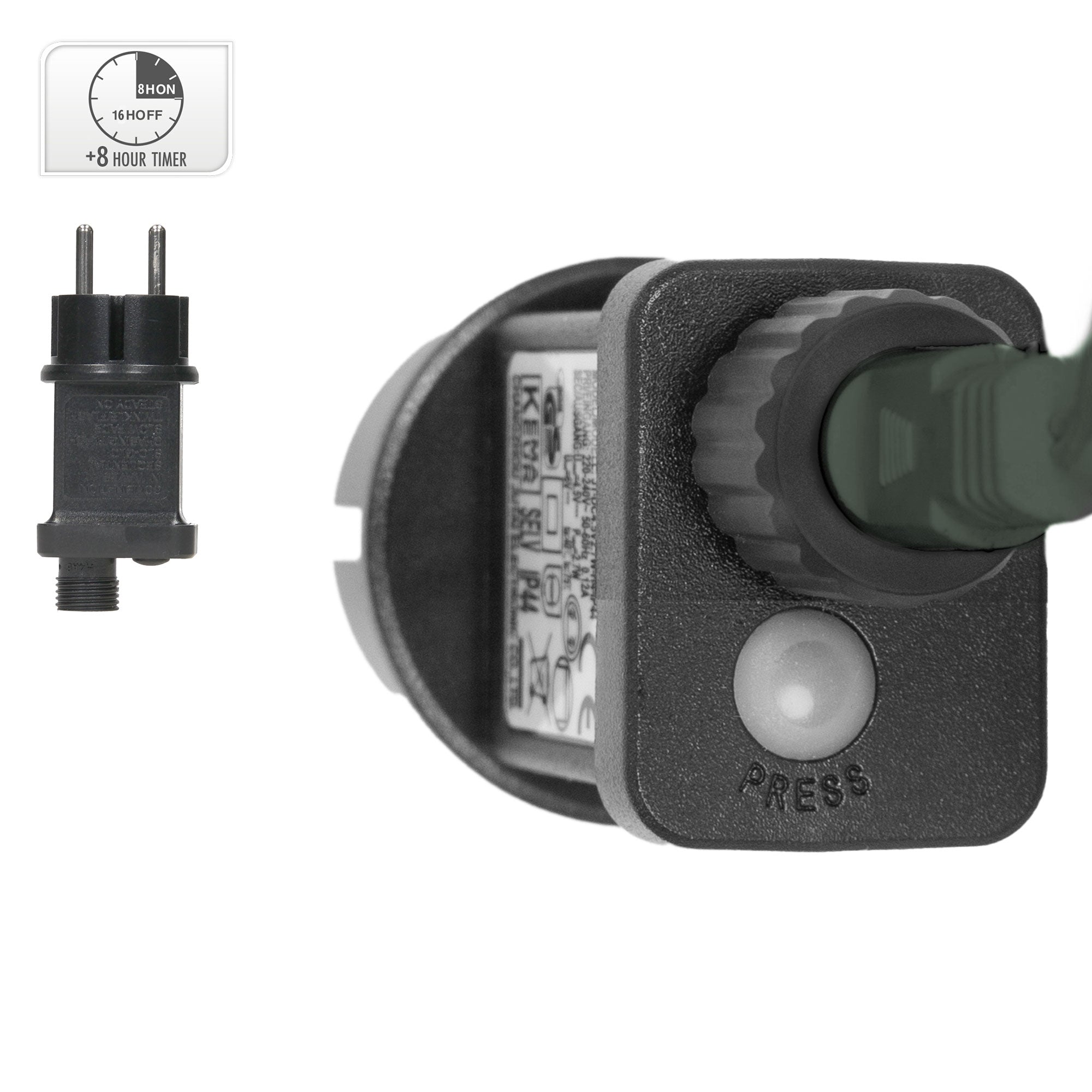 Plug with timer and push button, on a gray background.