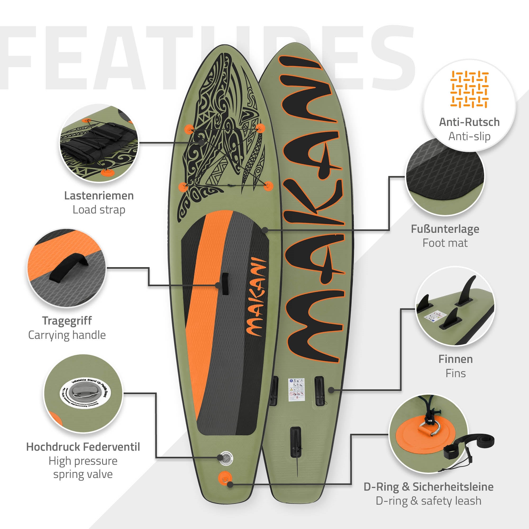 Stand-up paddle board with anti-slip surface and various features.