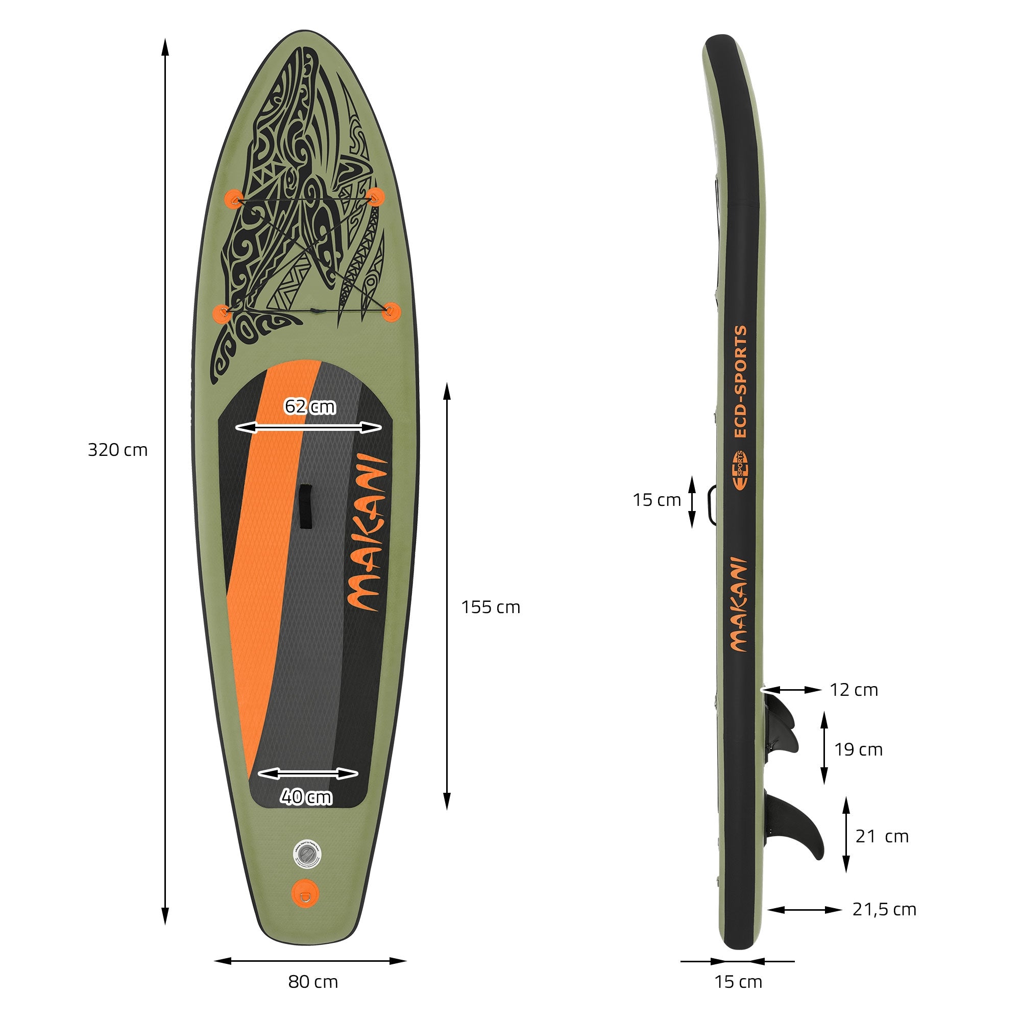 Side view of a green stand-up paddle board with measurements.