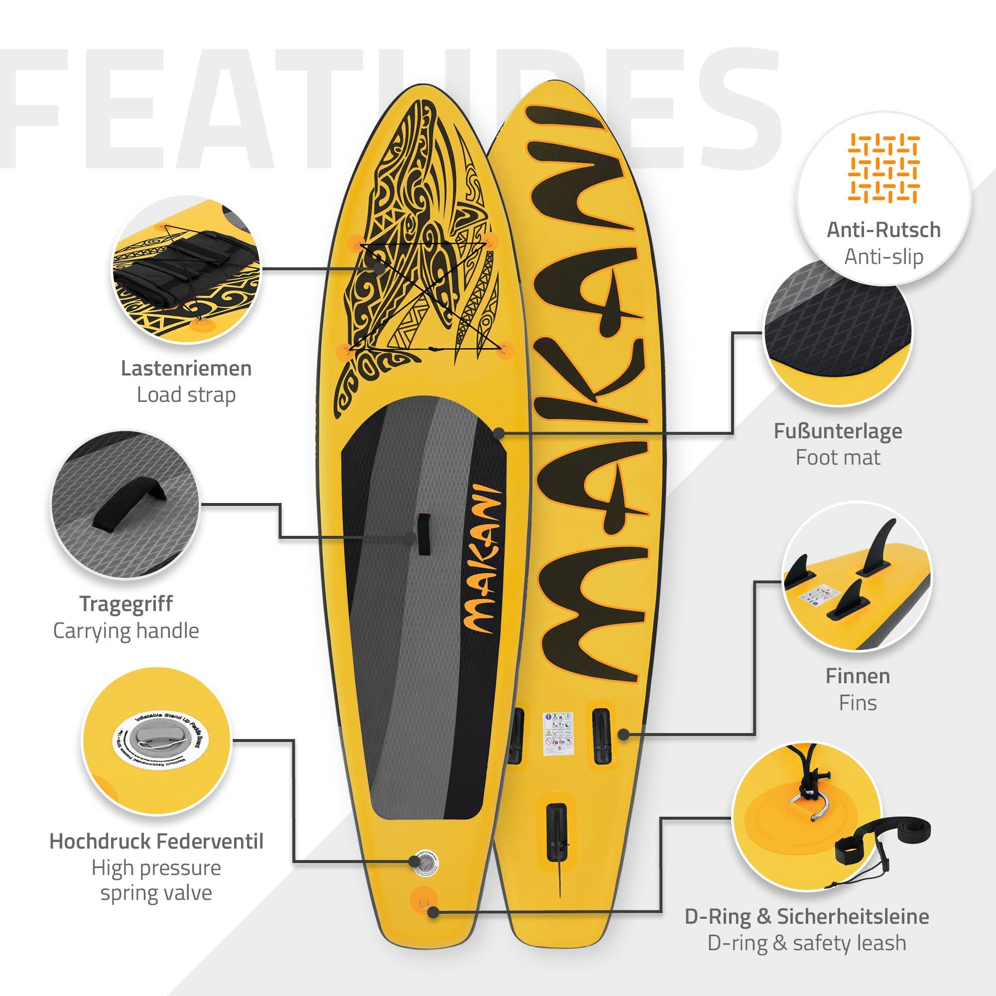 Sárga Stand Up Paddle Board illusztrációja különböző jellemzőkkel.