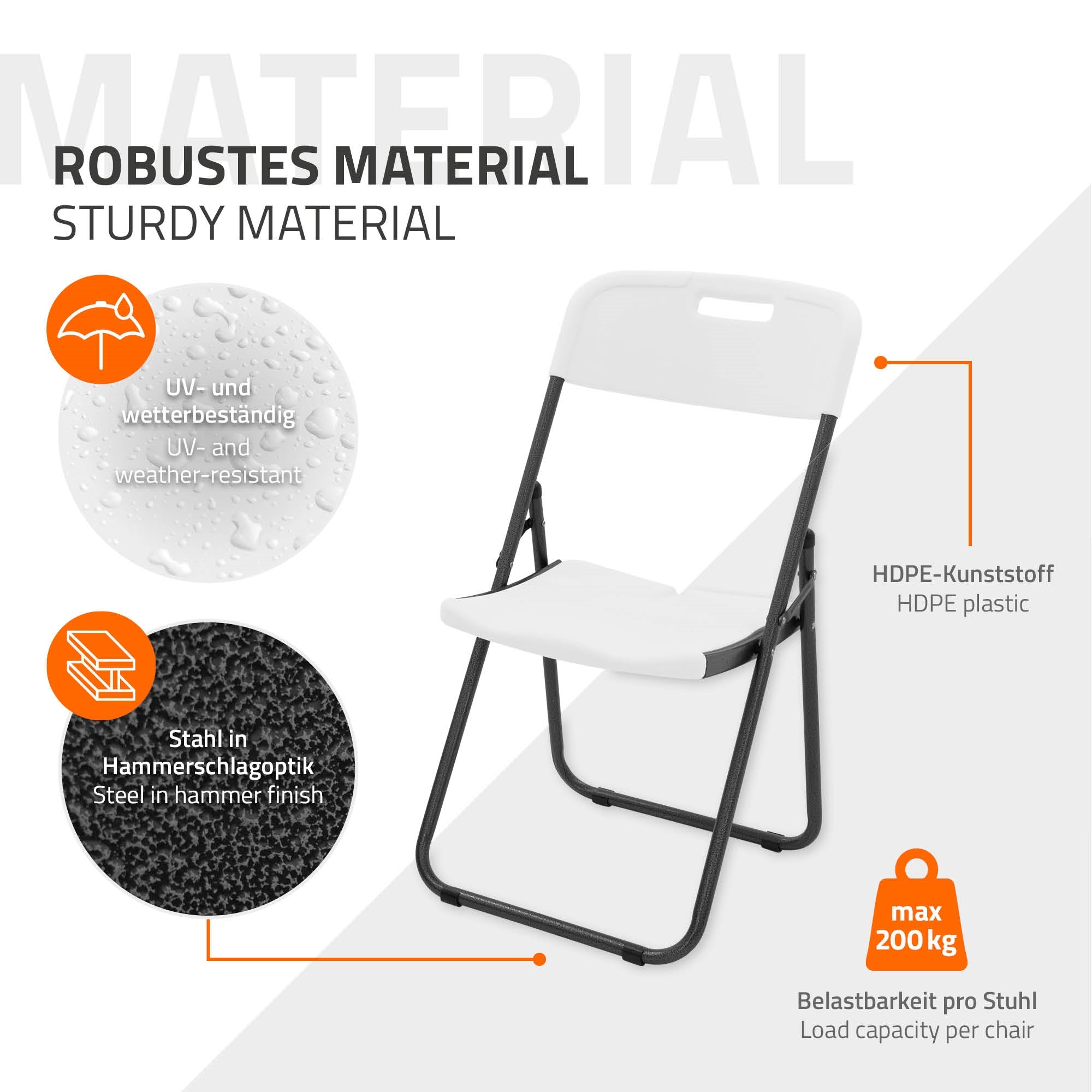 Faltstuhl aus HDPE-Kunststoff mit schwarzem Stahlgestell, max. 200 kg belastbar.