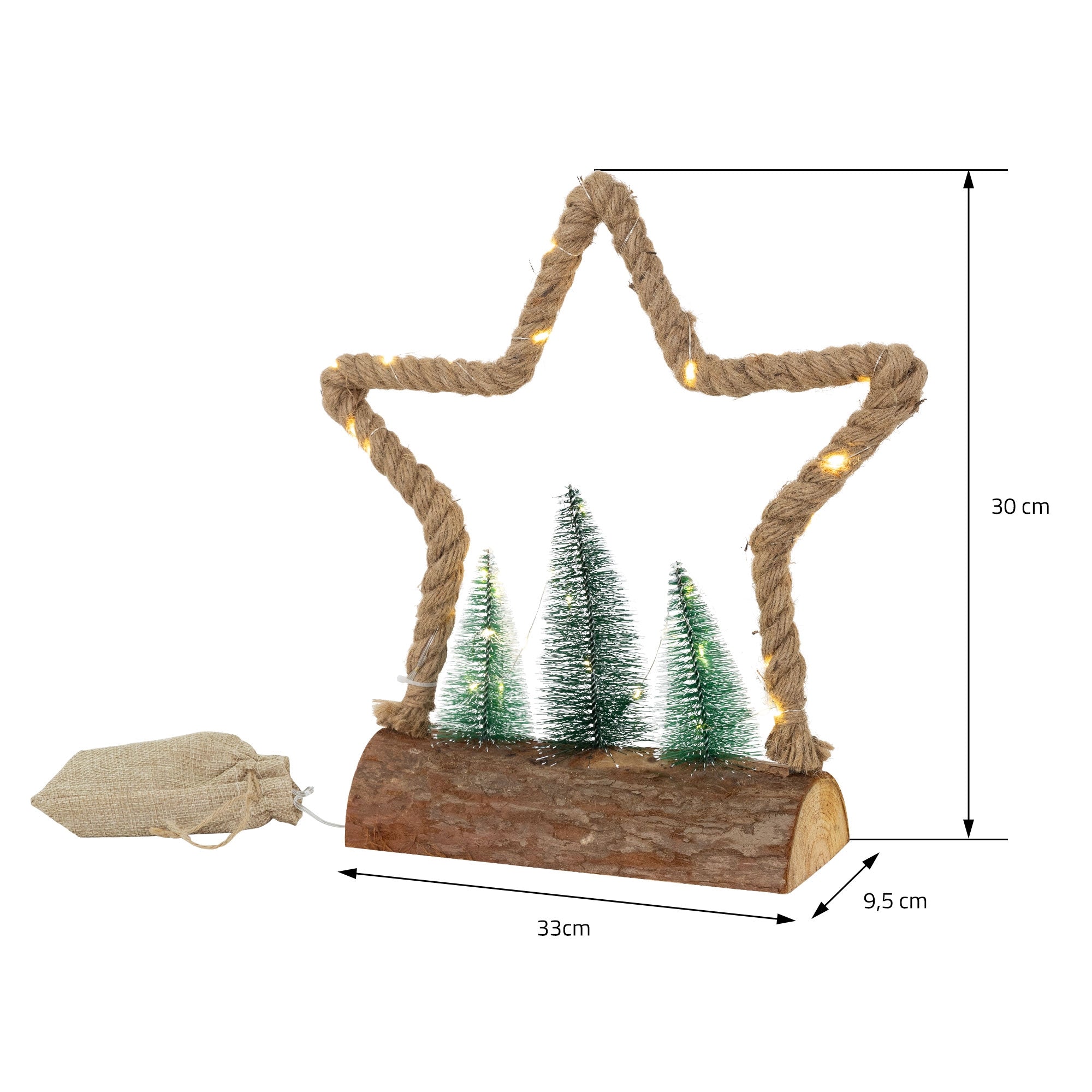 Dimensioni per una stella di corda con alberi, alta 30 cm e larga 33 cm.