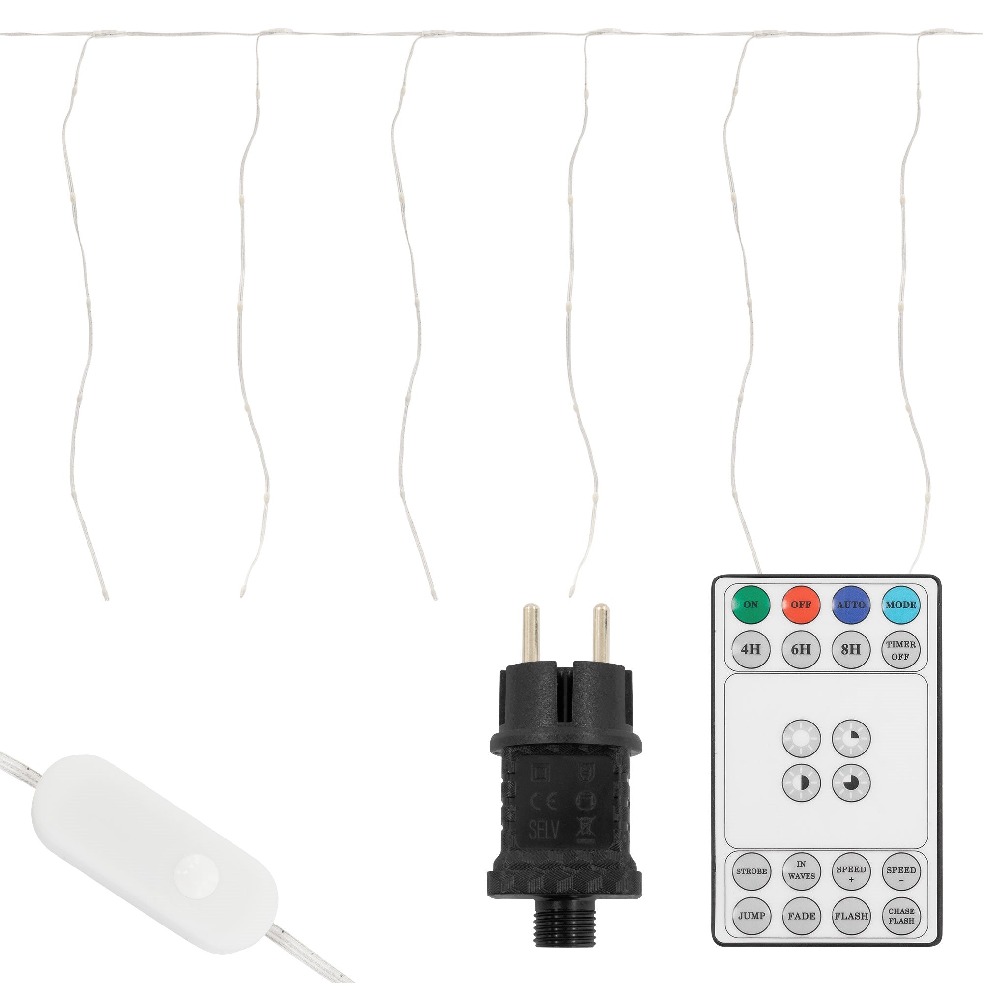 LED-Lichterkette mit Fernbedienung, Stecker und Steuerungselement.
