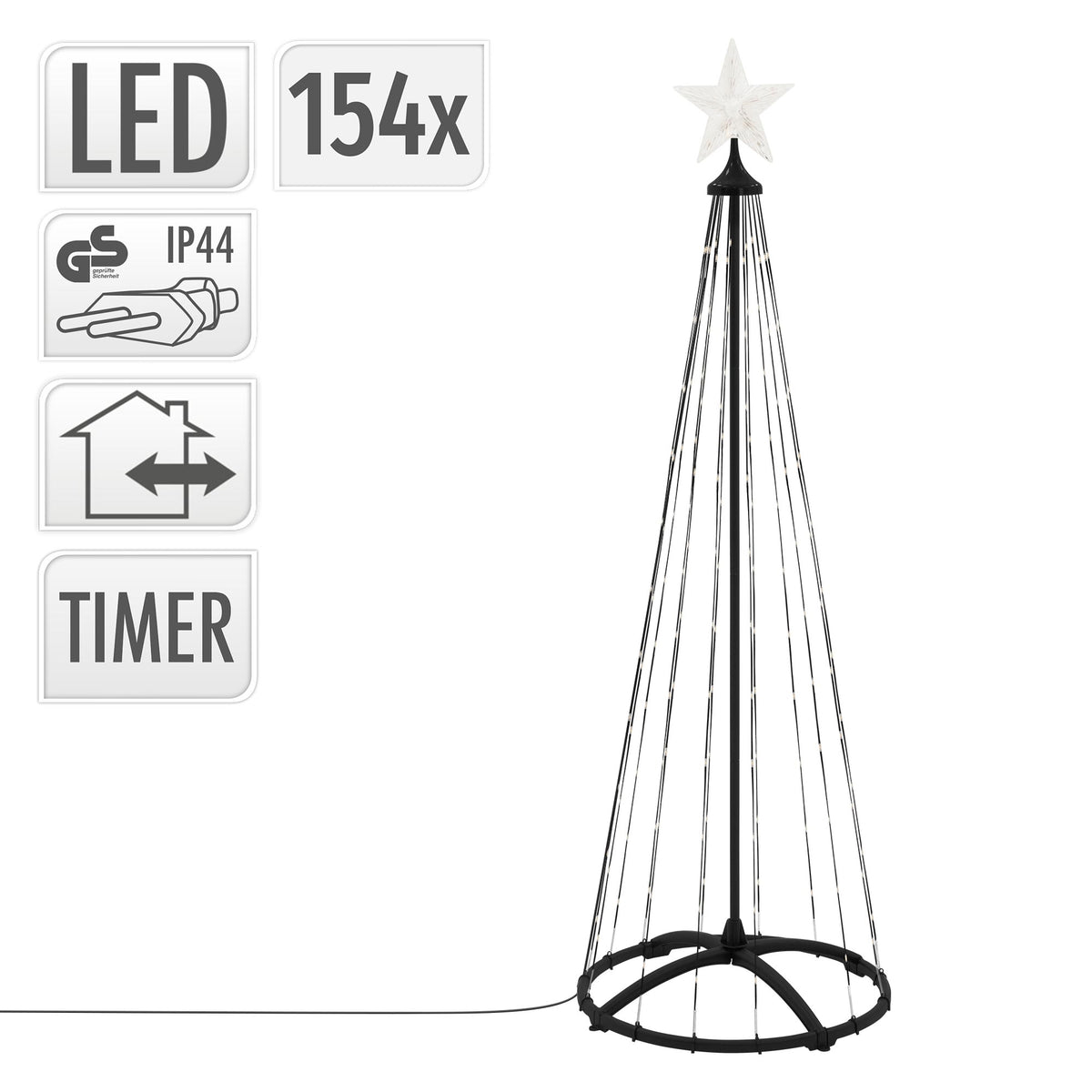 Technical details of an LED Christmas tree with timer and IP44 protection.