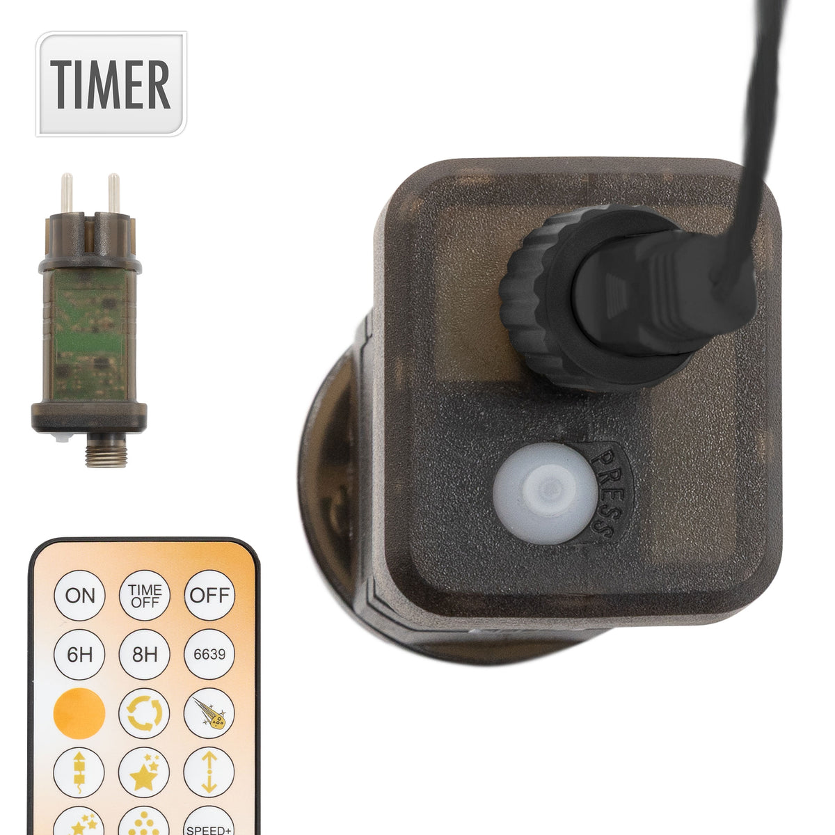 Timer and remote control for string lights, with push button and connection.