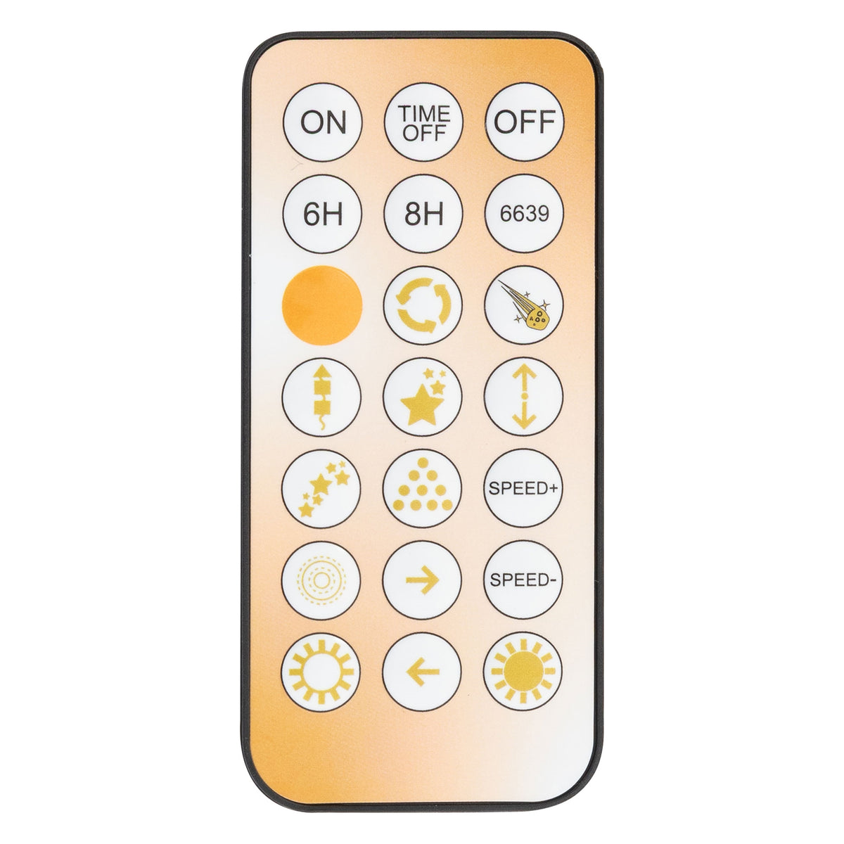 Remote control with buttons for ON, OFF, timer, and speed control.