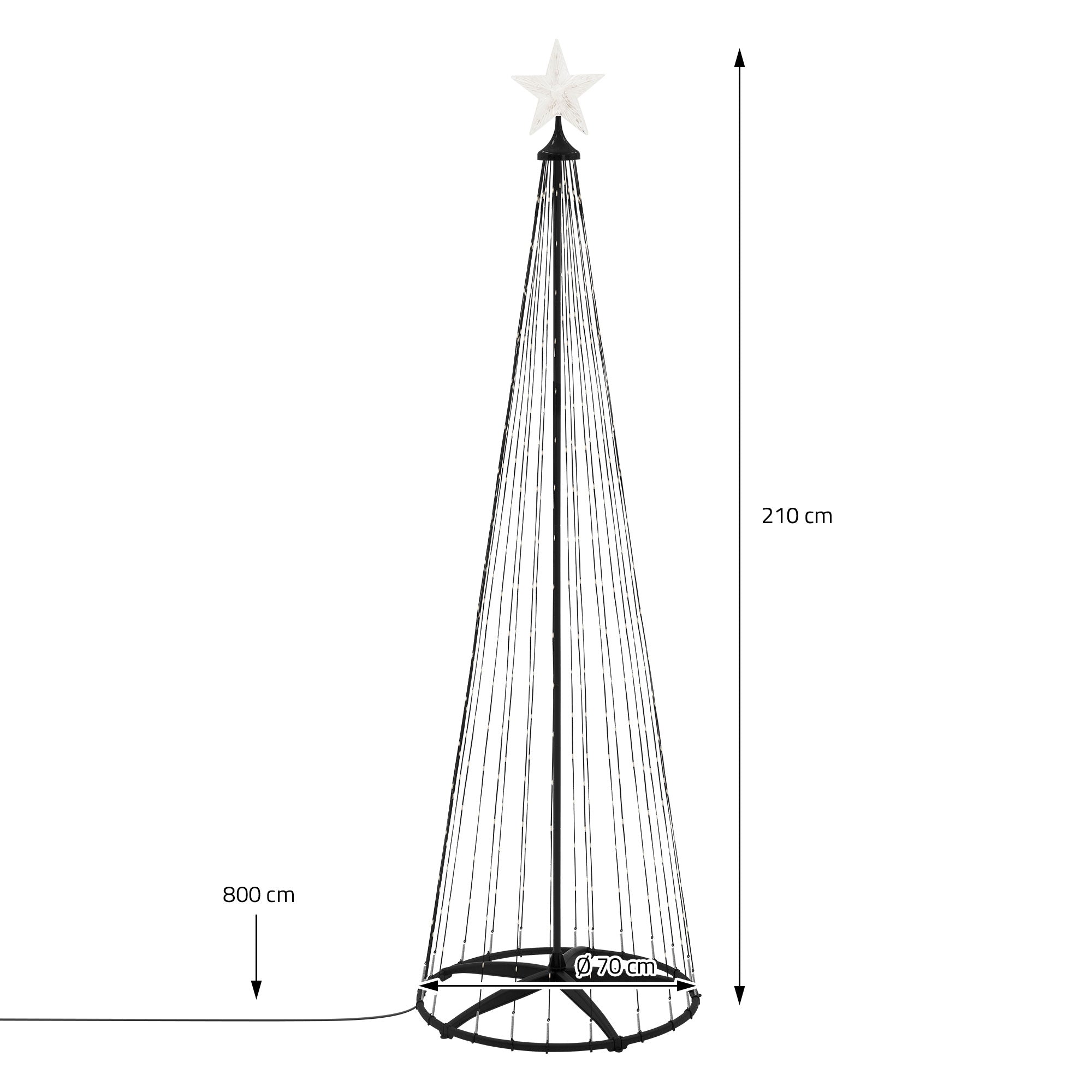 Christmas tree made of lights with star, height 210 cm, diameter 70 cm.