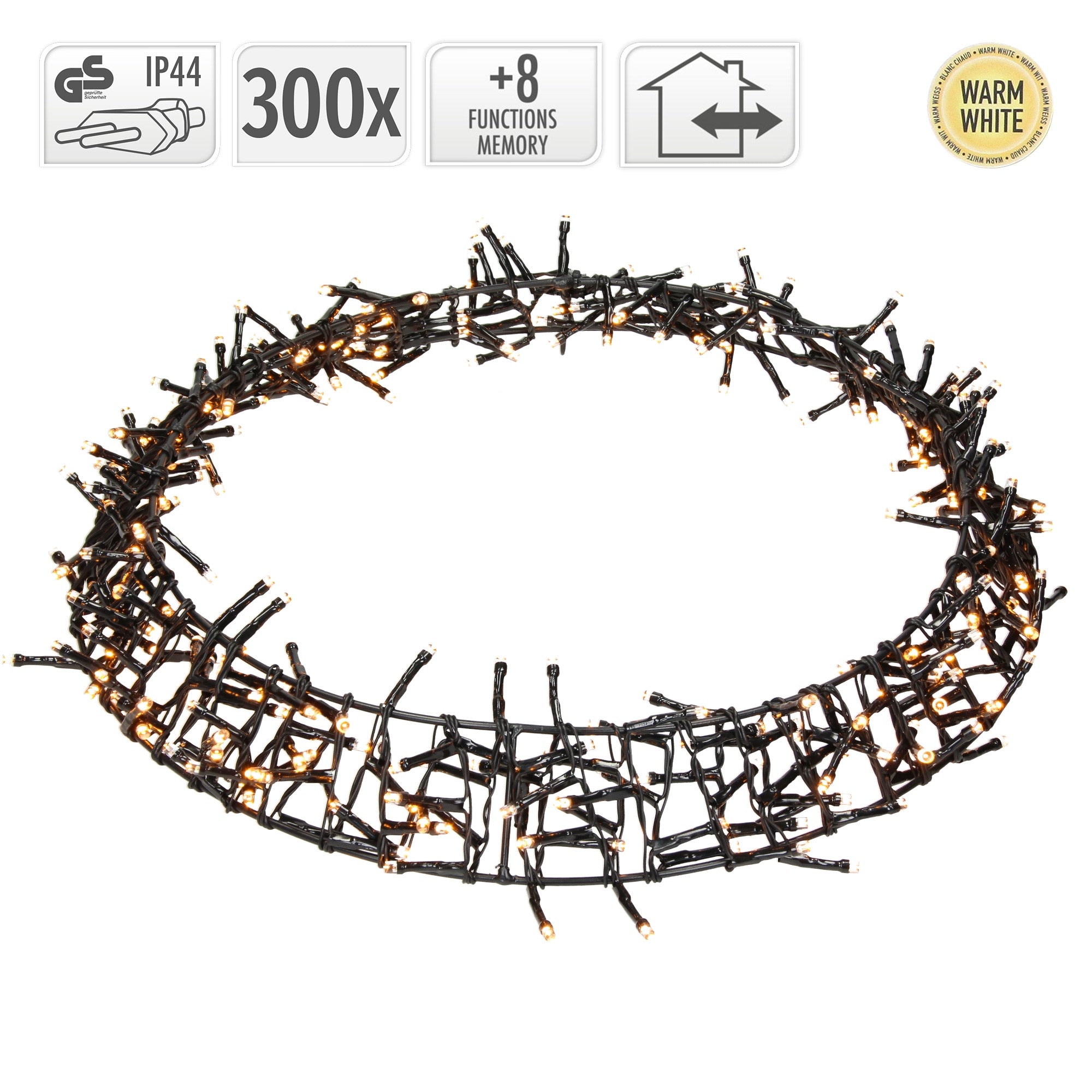 Couronne ovale en branches avec des lumières blanc chaud et des fonctions.