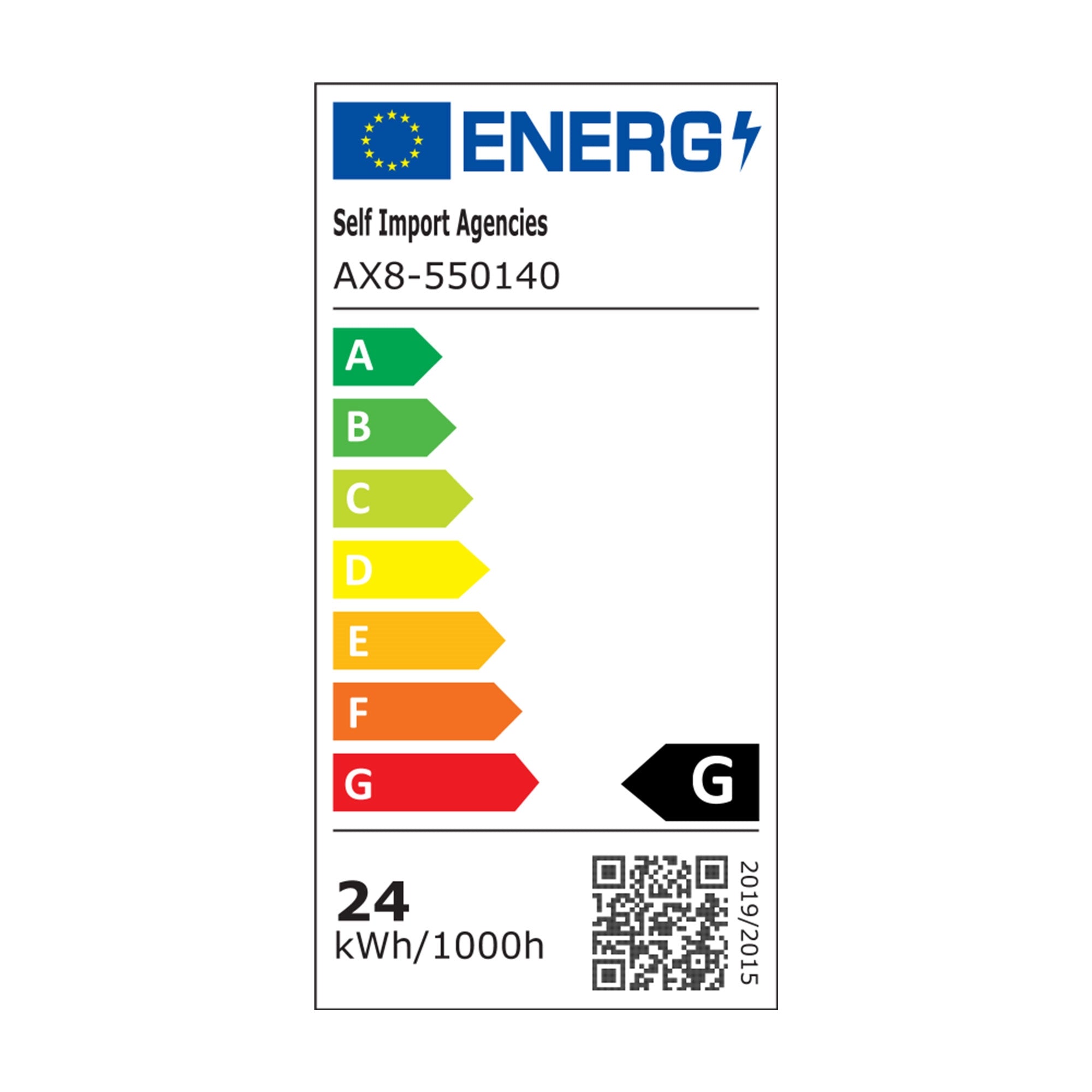 Energiahatékonysági címke A-tól G-ig terjedő skálával, G értékkel, 24 kWh/1000h.