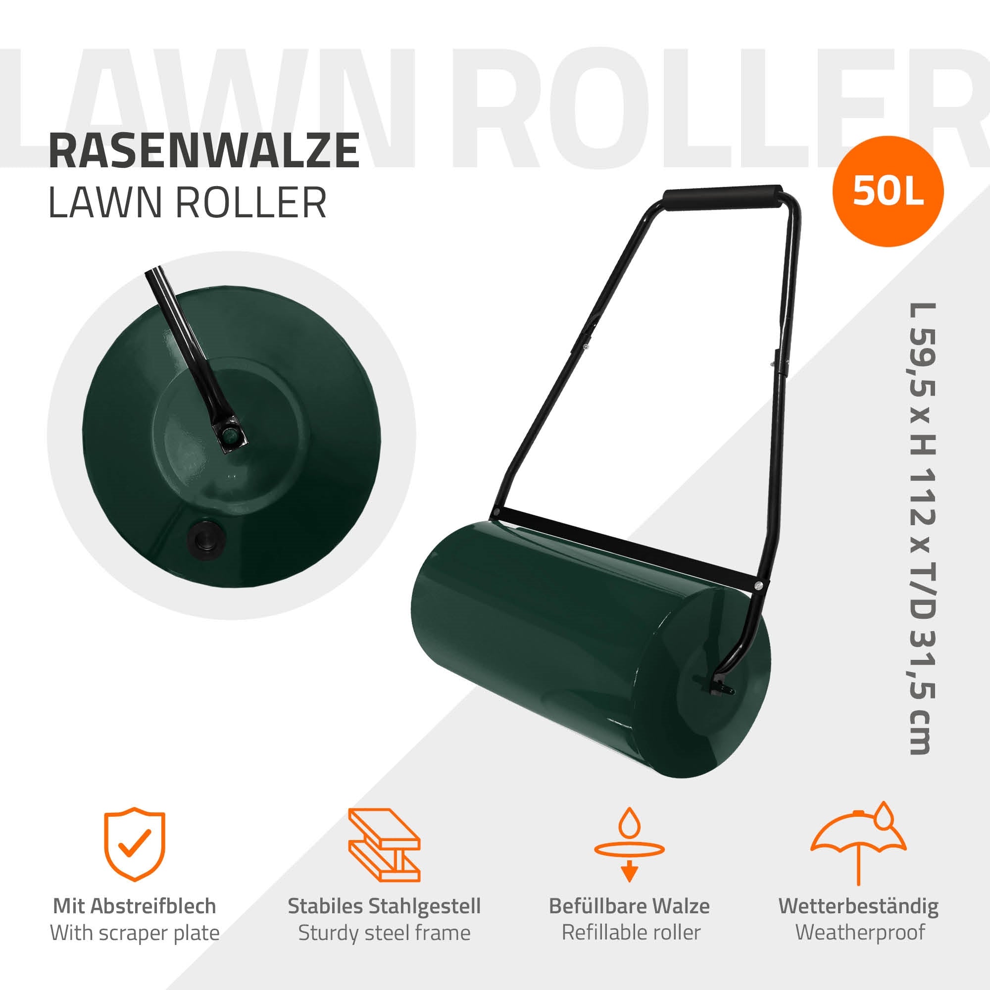 Rullo per prato con volume di 50L, telaio in acciaio stabile e rullo rimovibile.