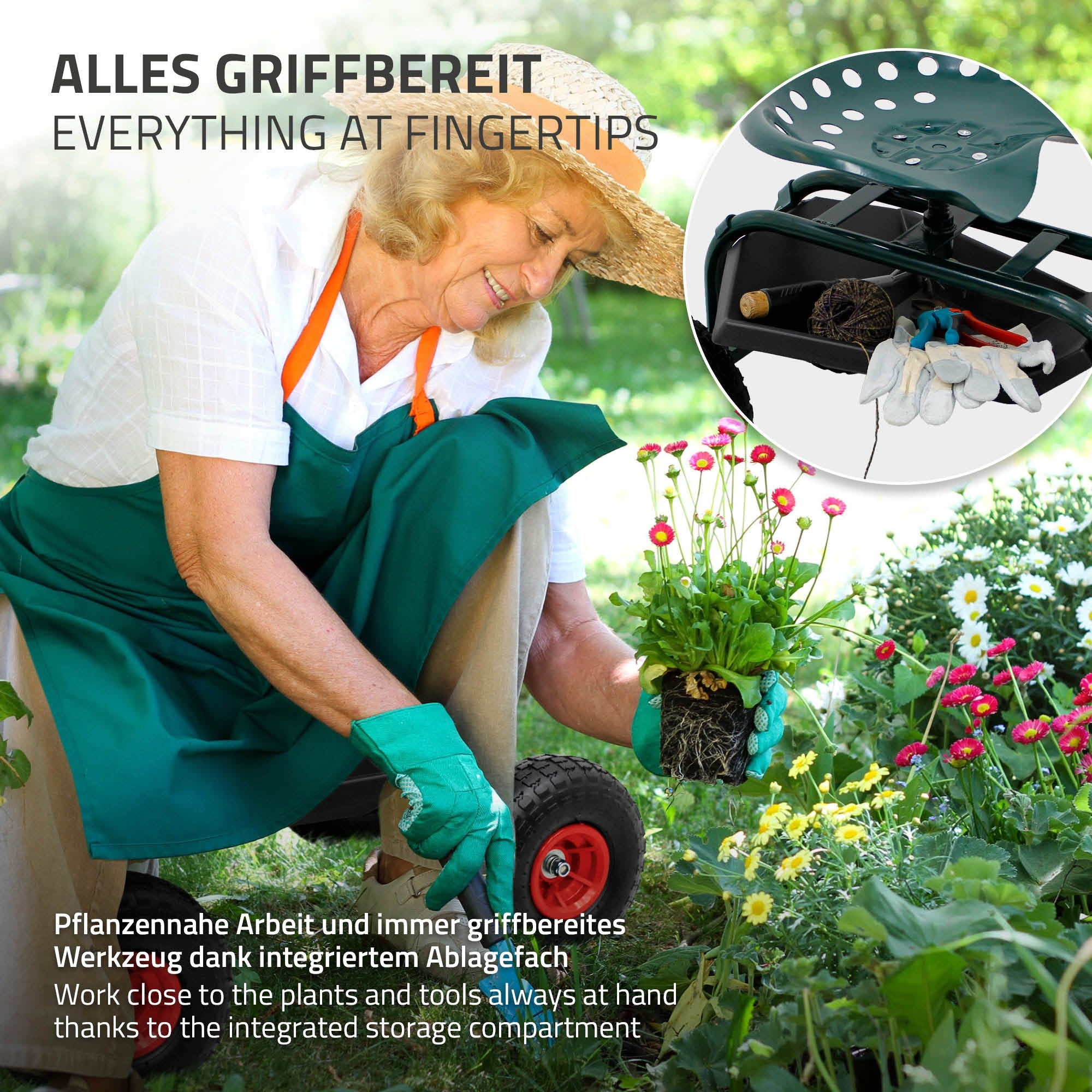 Vrouw in de tuin met kruiwagen, planten en gereedschap, alles binnen handbereik.