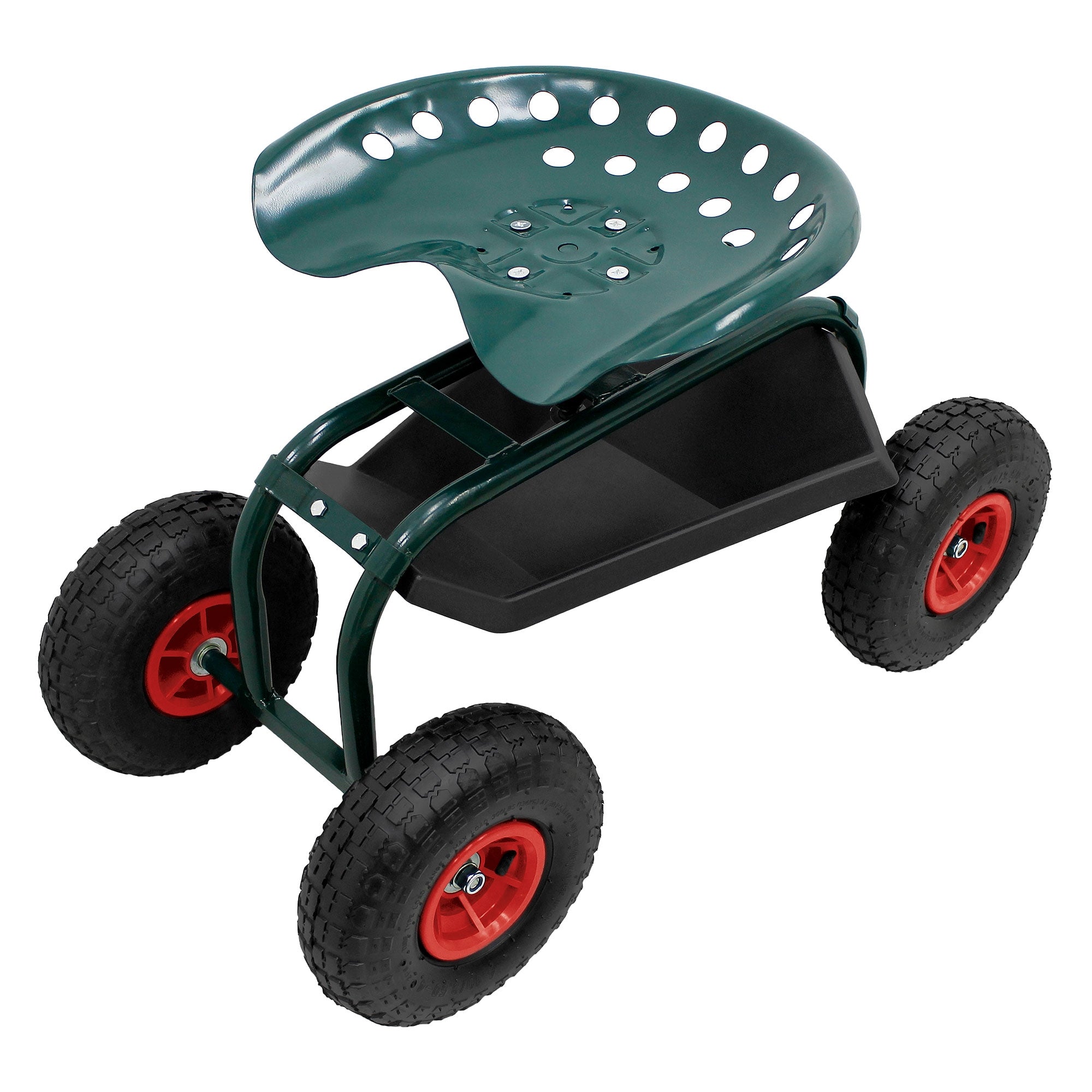 Groen tuinvoertuig met grote wielen en ergonomische zitting.