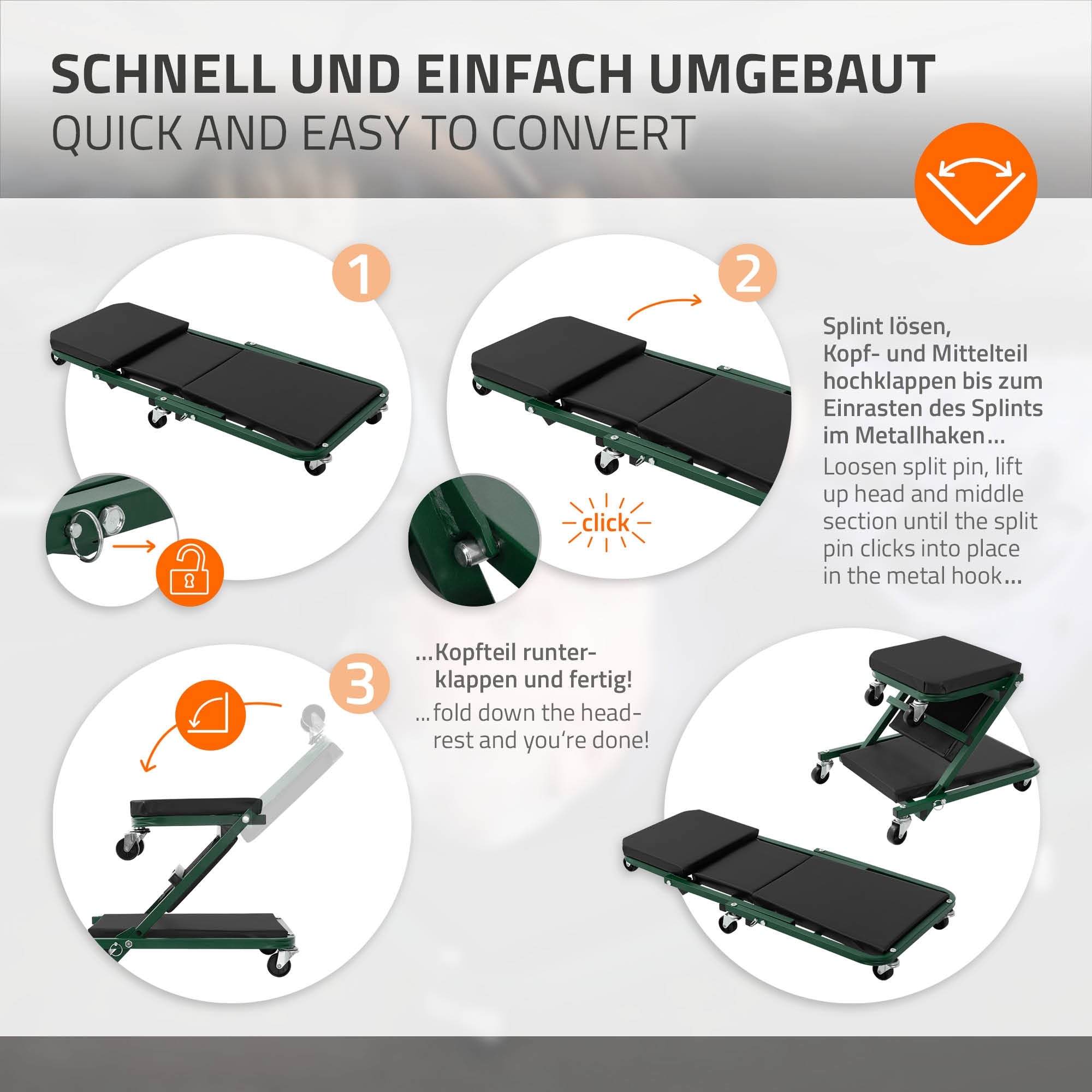 Anleitung zur Umwandlung eines Möbelstücks mit drei Schritten und Illustrationen.