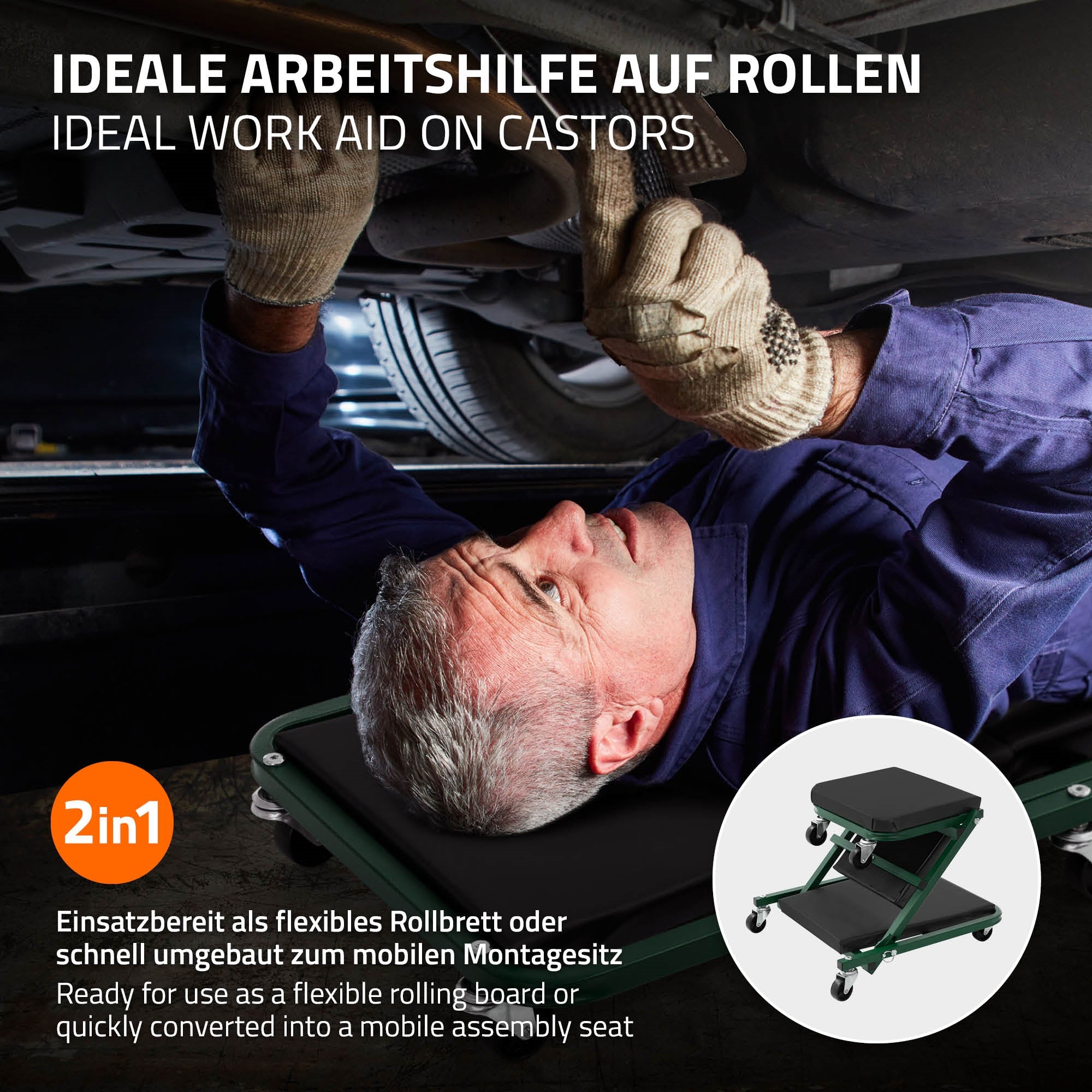 Mann arbeitet unter einem Fahrzeug, nutzt ein Rollbrett mit Handschuhen.