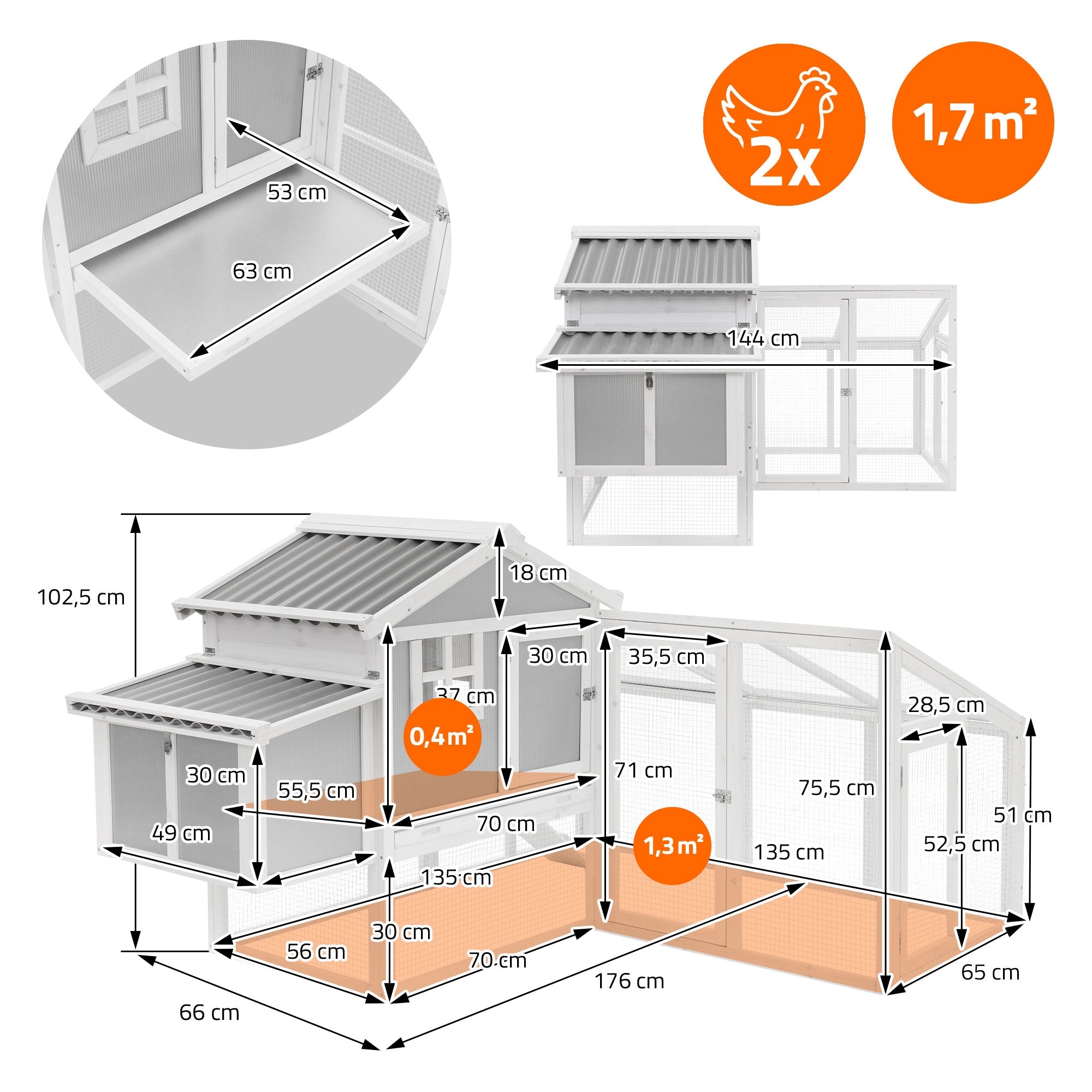 Dibujo de medidas de una casa de gallinas con dimensiones en cm.