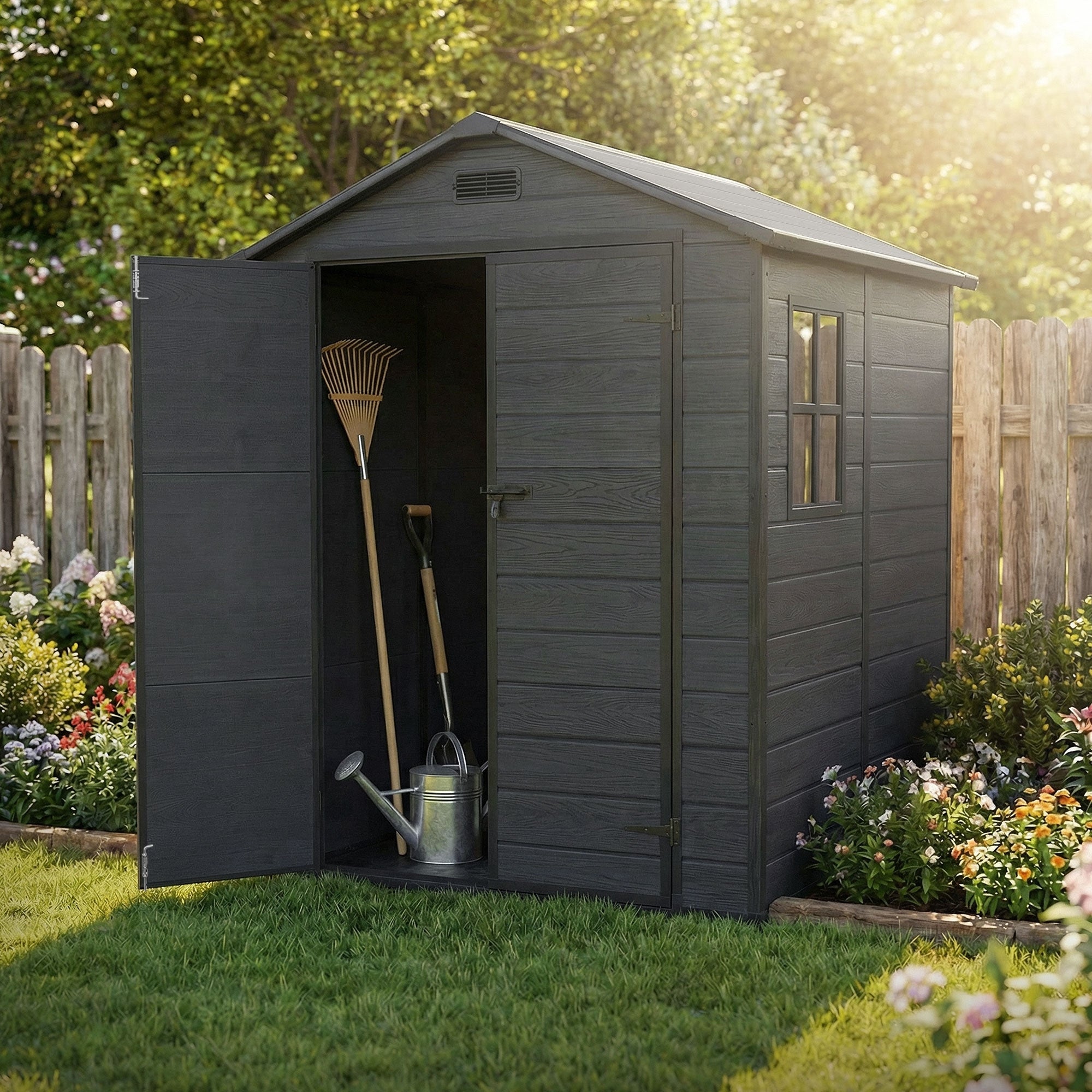 Zwart tuinhuis met open ingang, tuingereedschap binnenin en bloembed op de achtergrond.