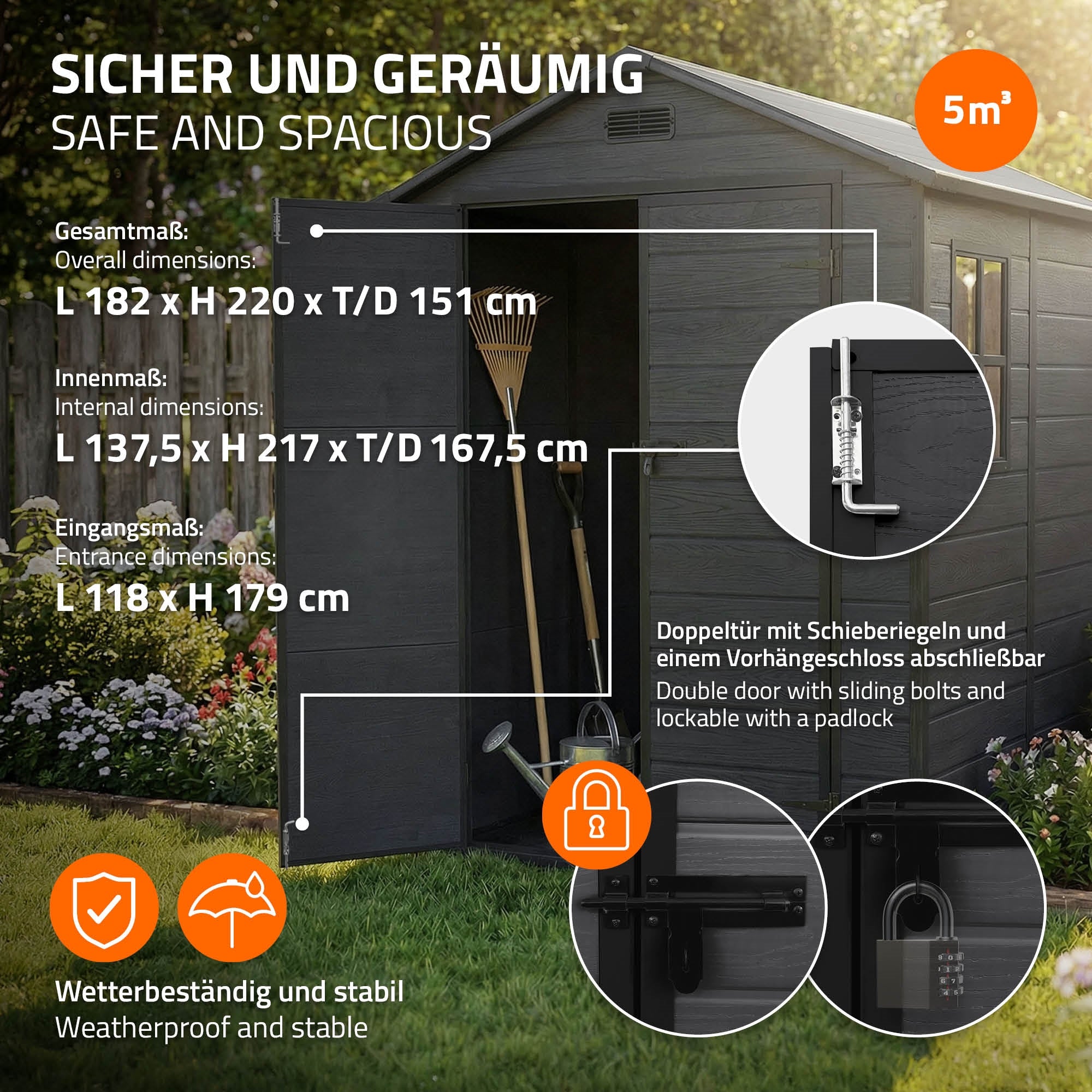 Grafiek met afmetingen en veiligheidskenmerken van een tuinhuis.