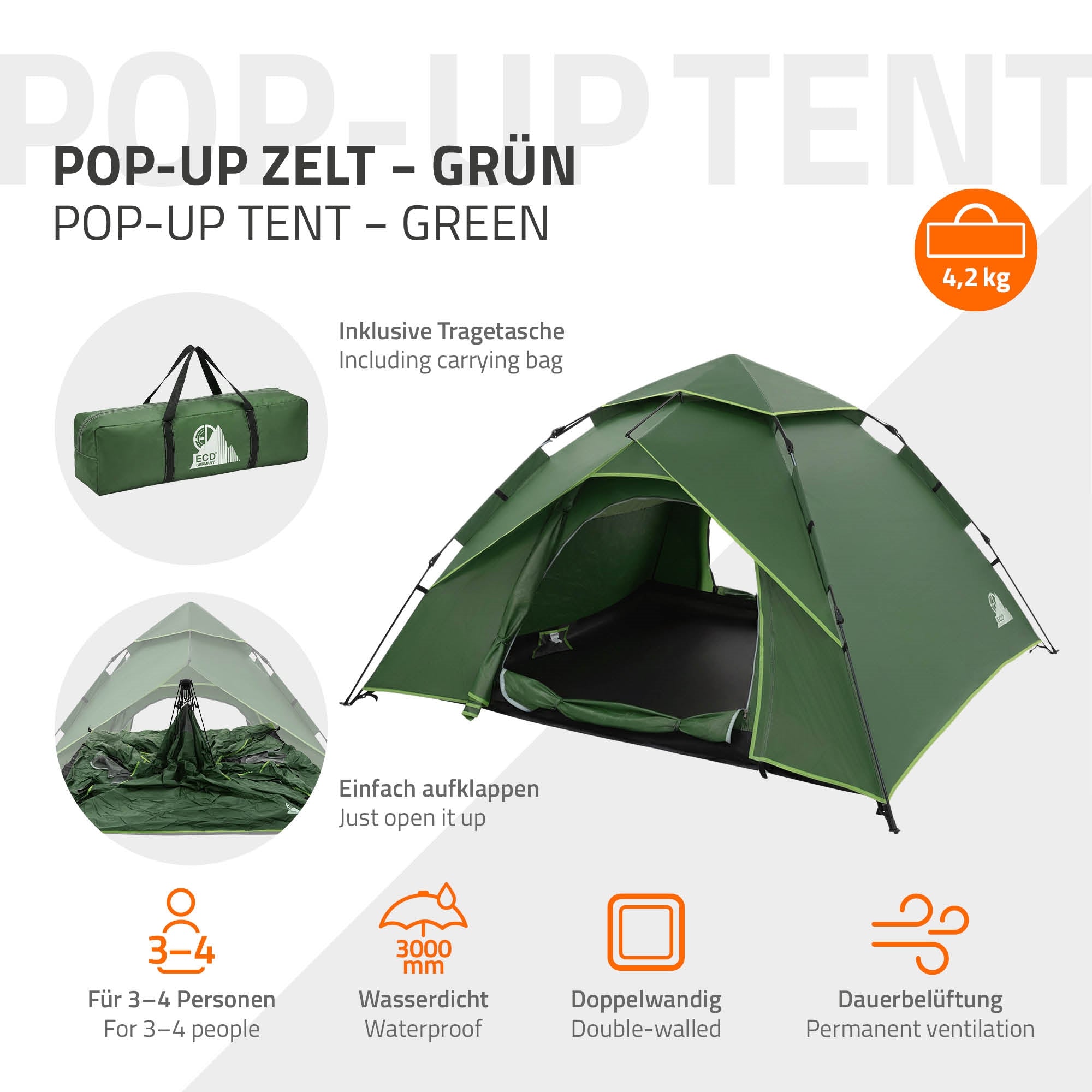 Tienda verde tipo pop-up con bolsa de transporte, para 3-4 personas, impermeable y de doble pared.