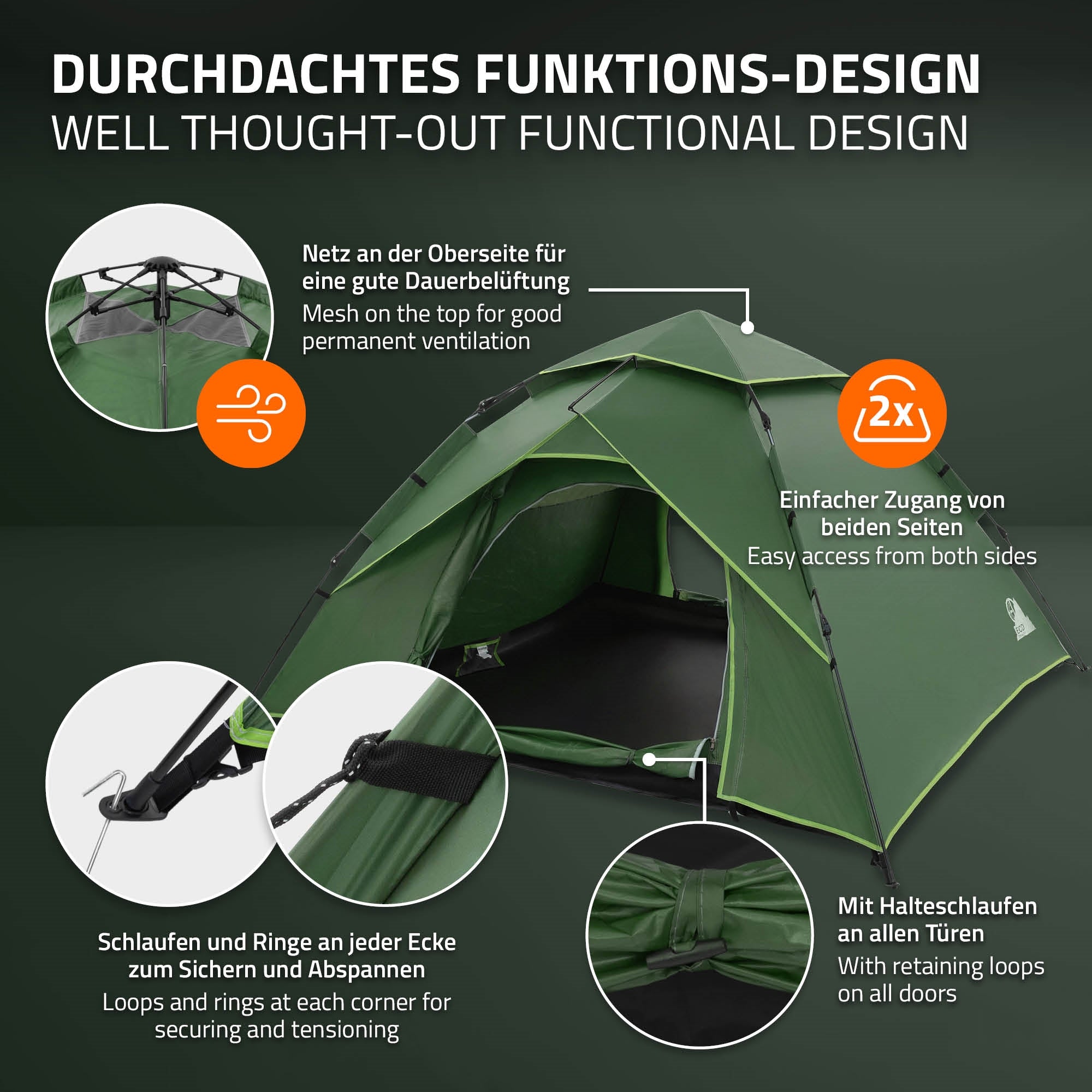 Tienda verde con malla y accesos, con lazos y anillos para asegurar.