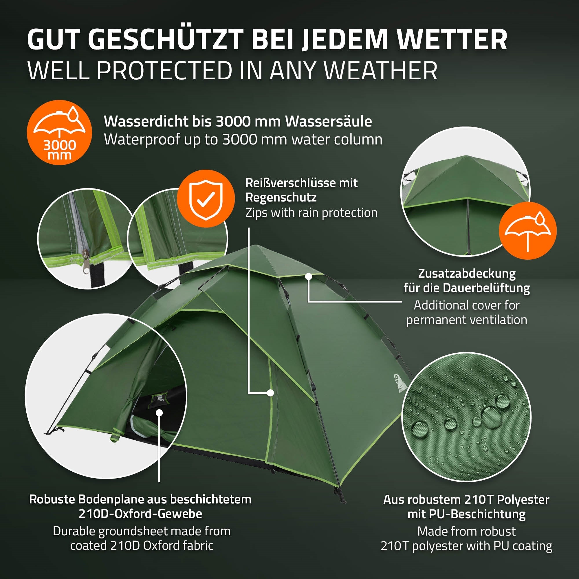 Tienda verde con material impermeable y cremalleras.