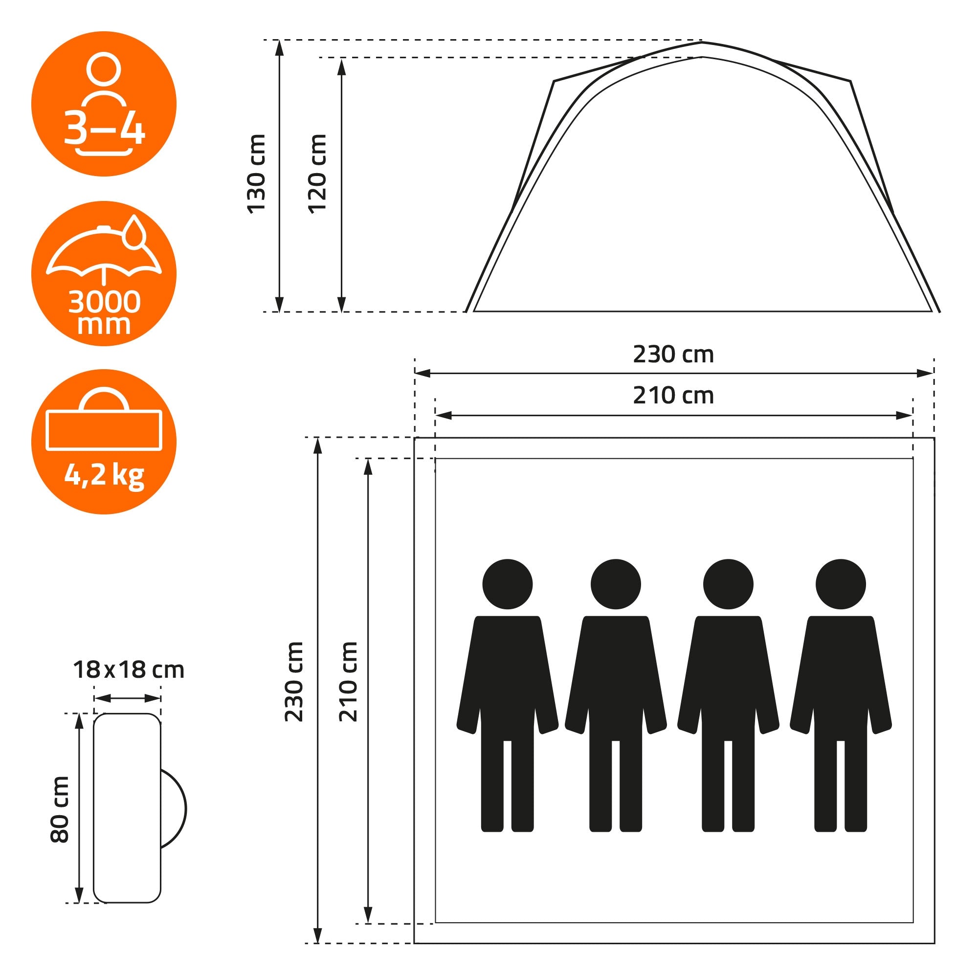 Dibujo técnico de una tienda con medidas y capacidad para 3-4 personas.