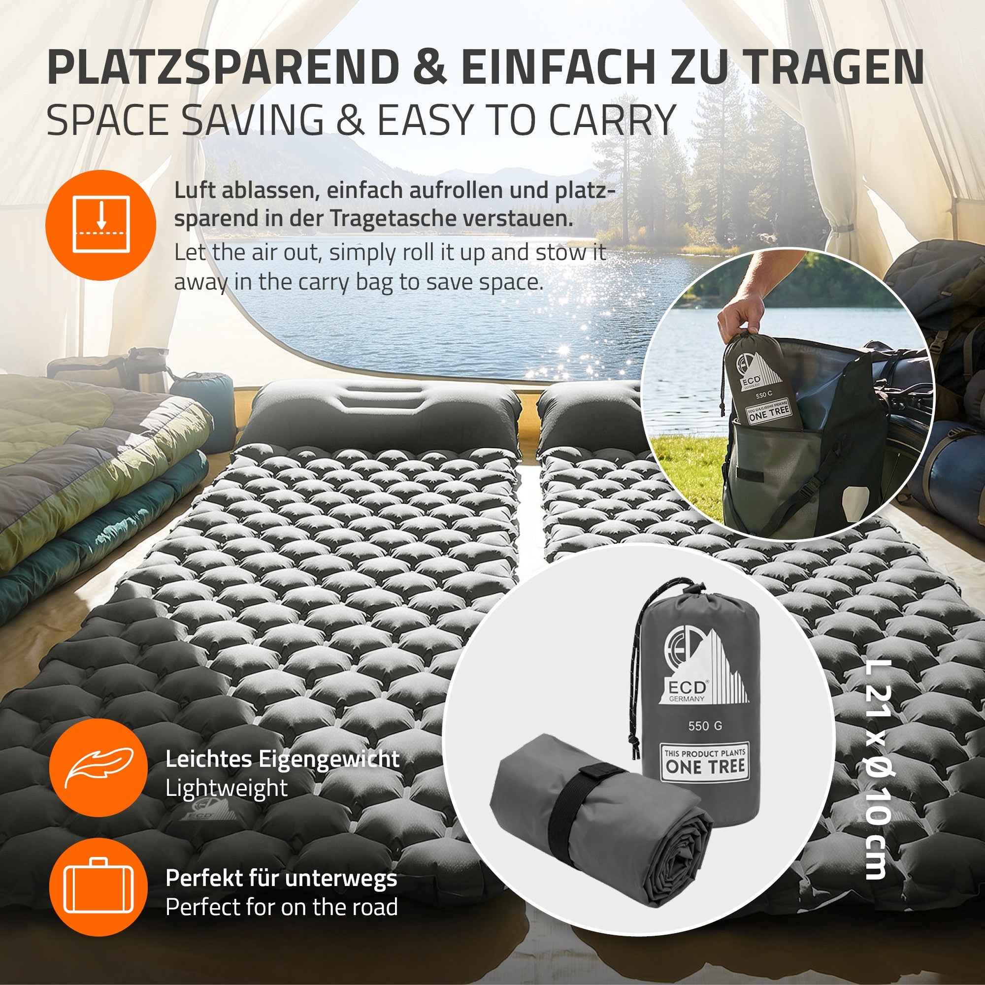 Grafik zeigt aufblasbare Matratze mit Tragetasche und Verwendungshinweisen für unterwegs.