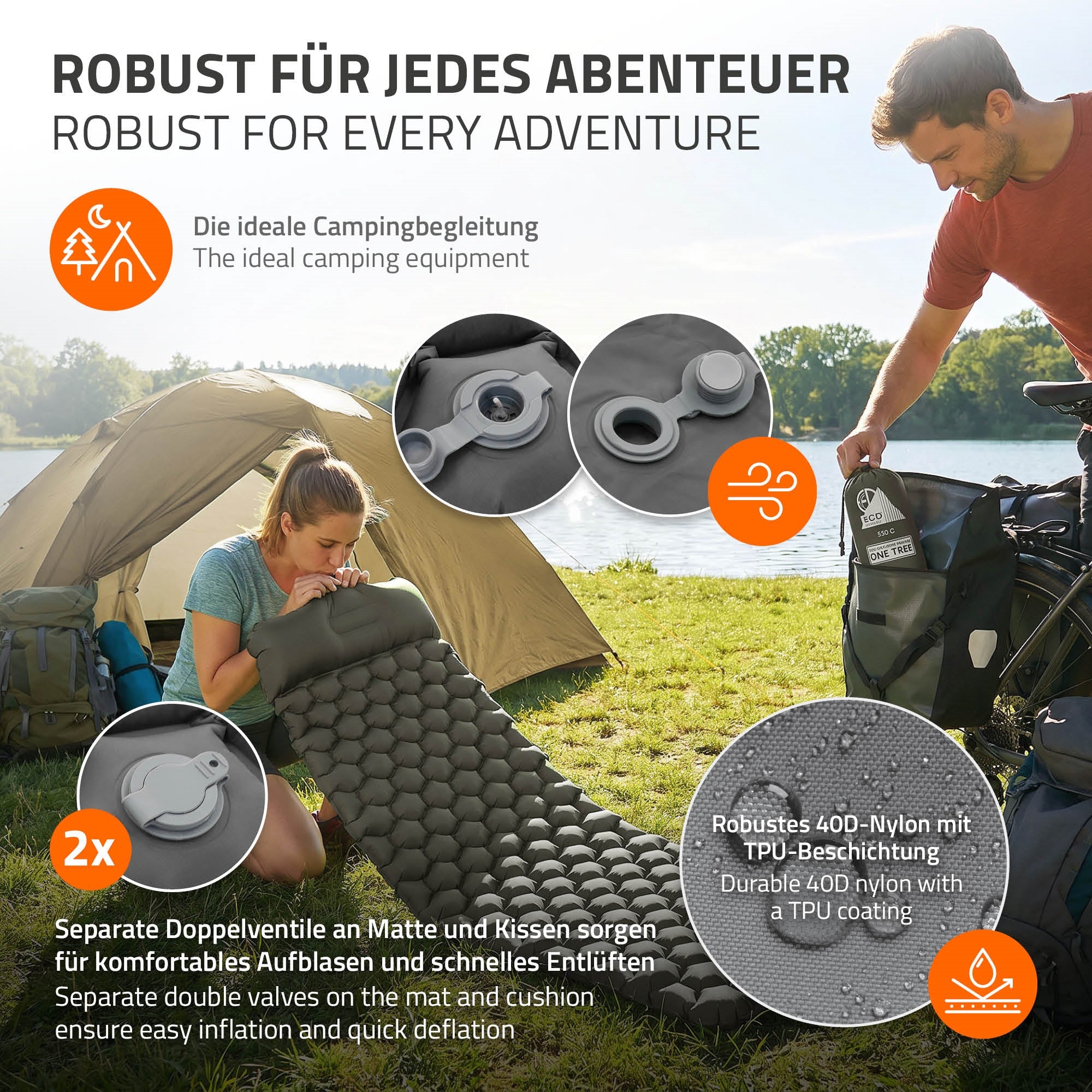 Person bläst eine aufblasbare Matte auf, Zelt im Hintergrund.