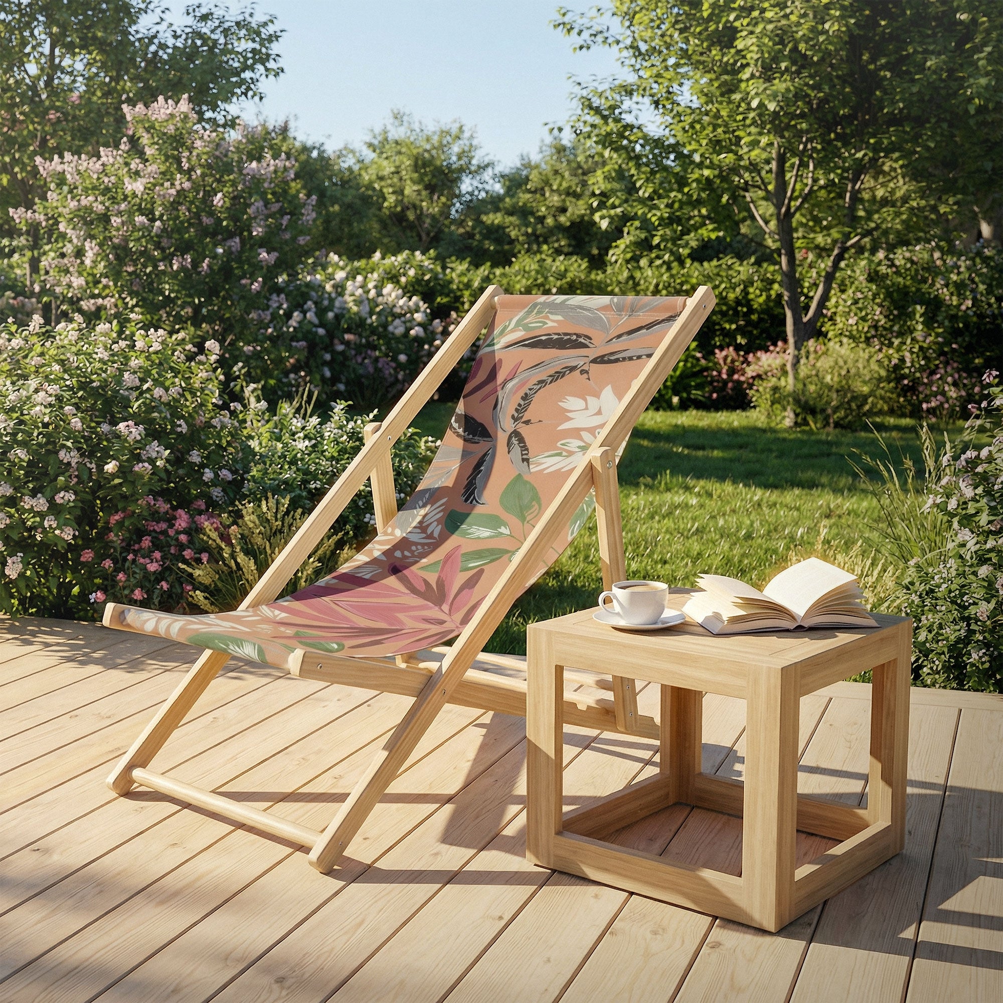 Houten ligstoel met bloemmotief op een terras, naast een tafel.