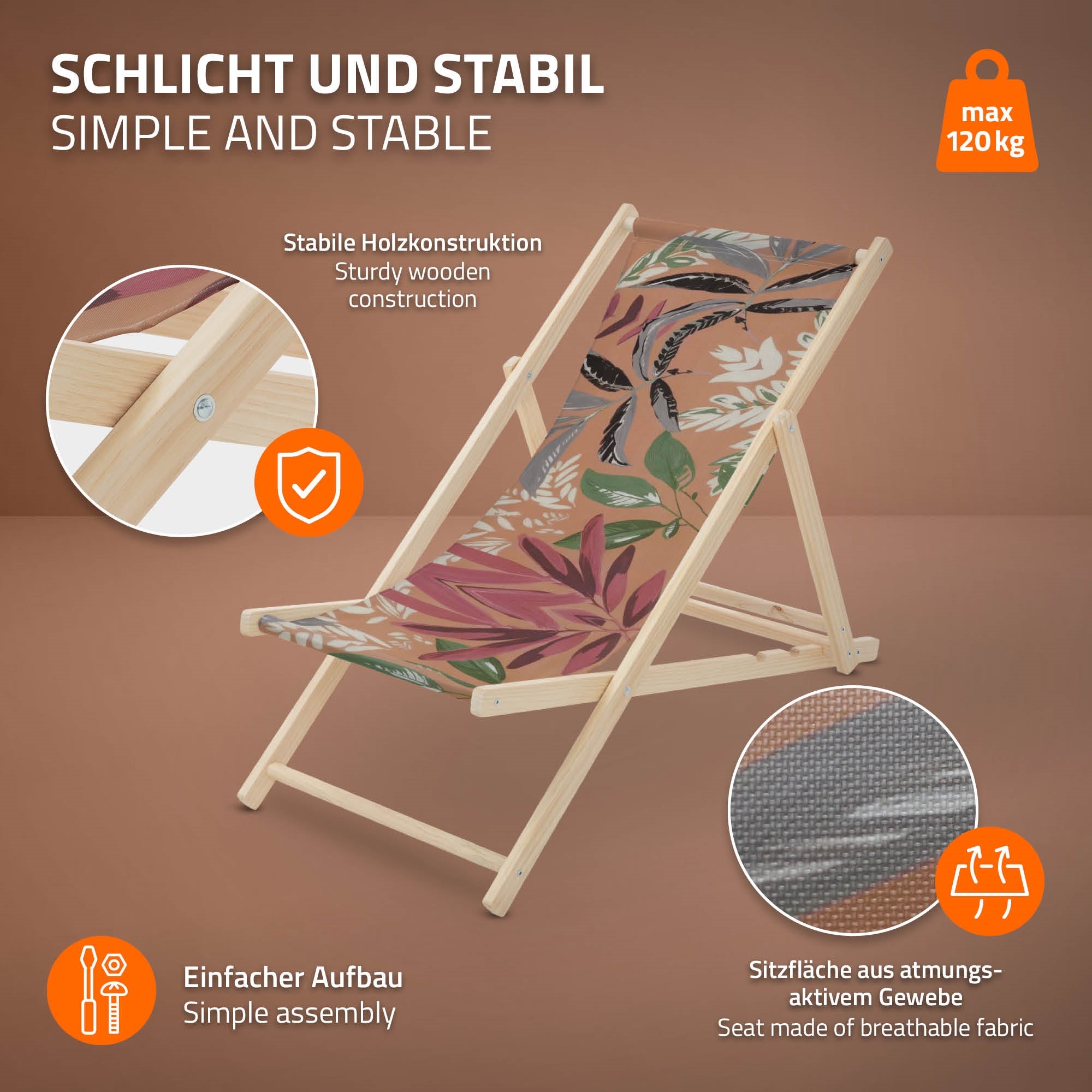 Tumbona simple y estable con superficie de asiento transpirable.