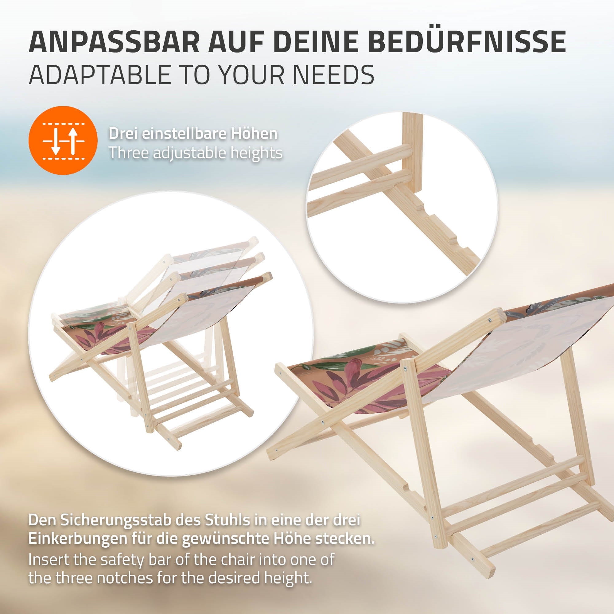 Houten ligstoel met verstelbare bekleding in drie hoogtes, aan het strand.