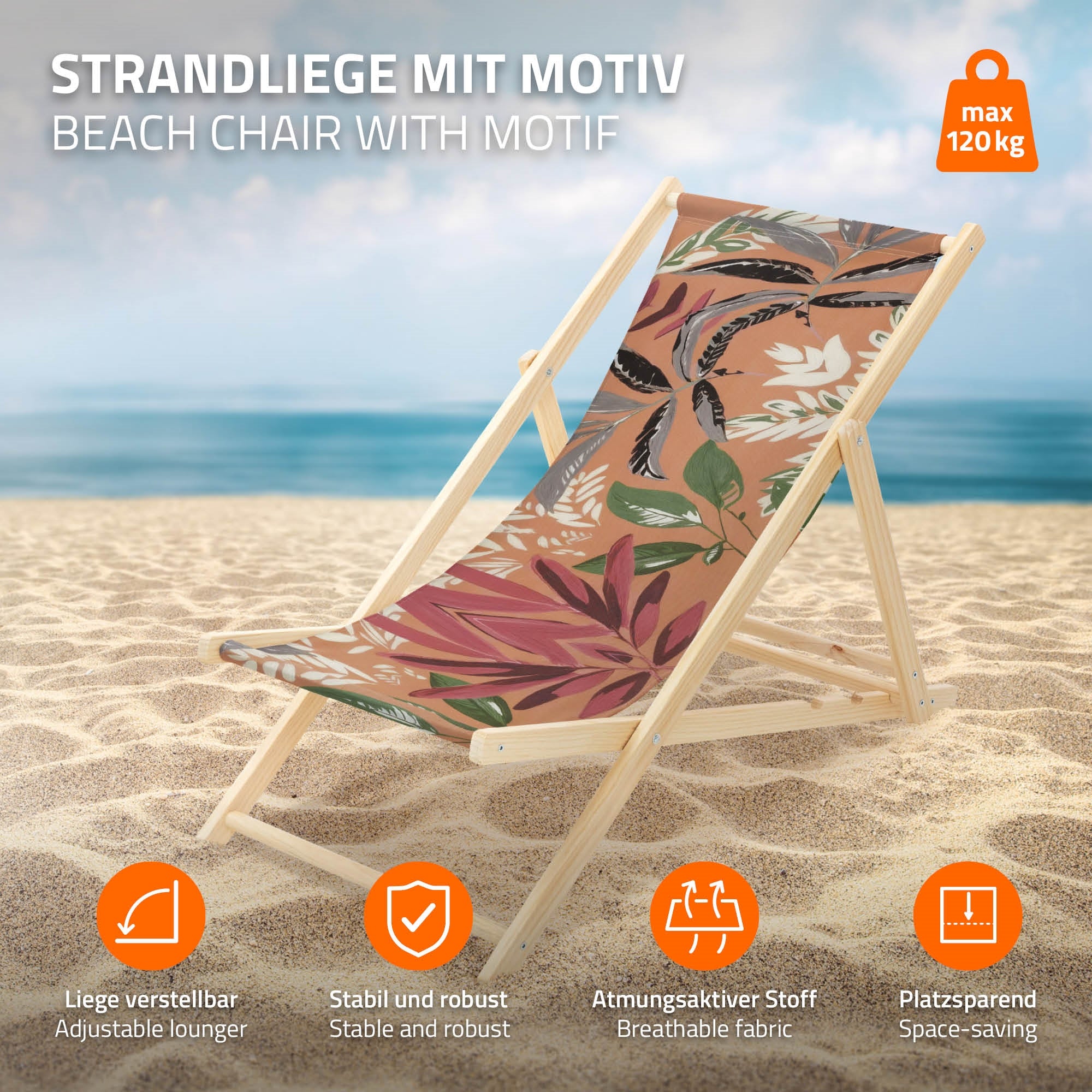 Beach lounger with a design, adjustable, stable, and breathable.