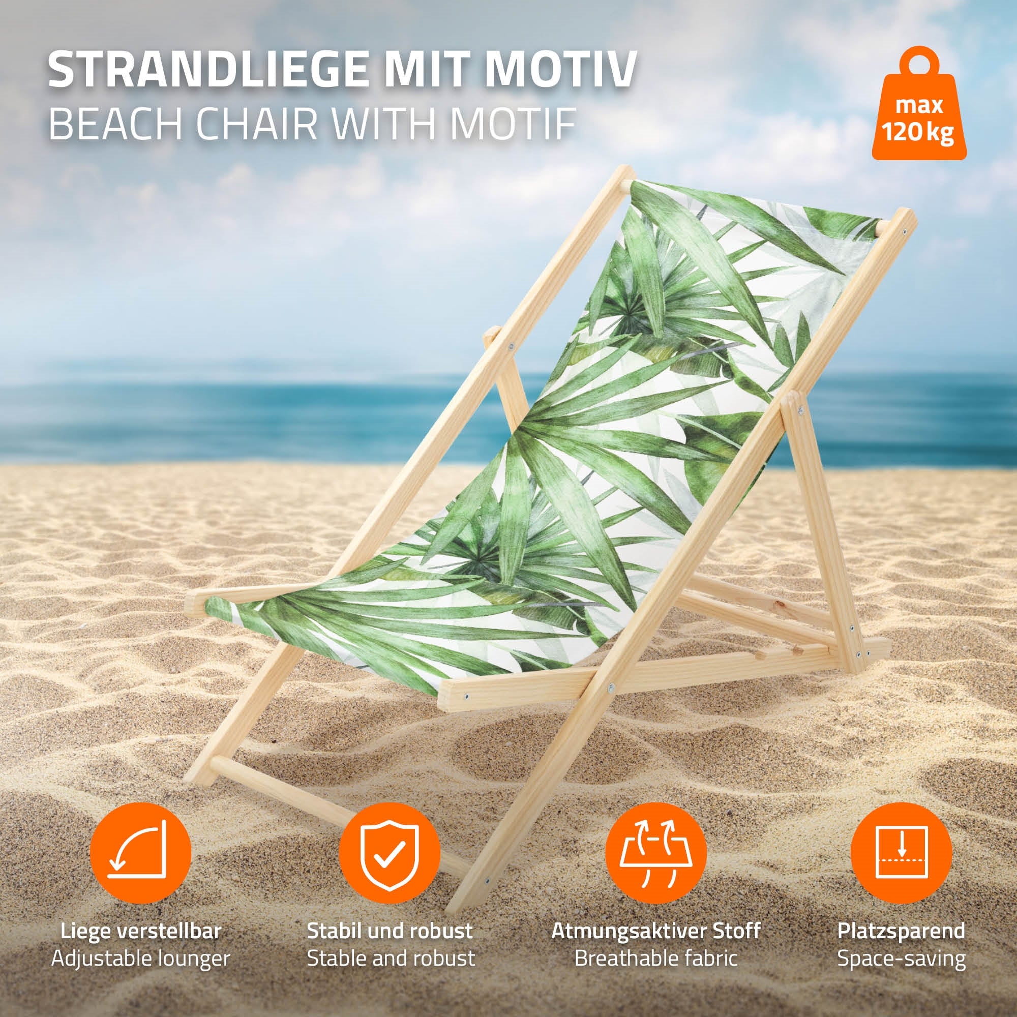 Lounge chair with green leaf motif, stable and space-saving.