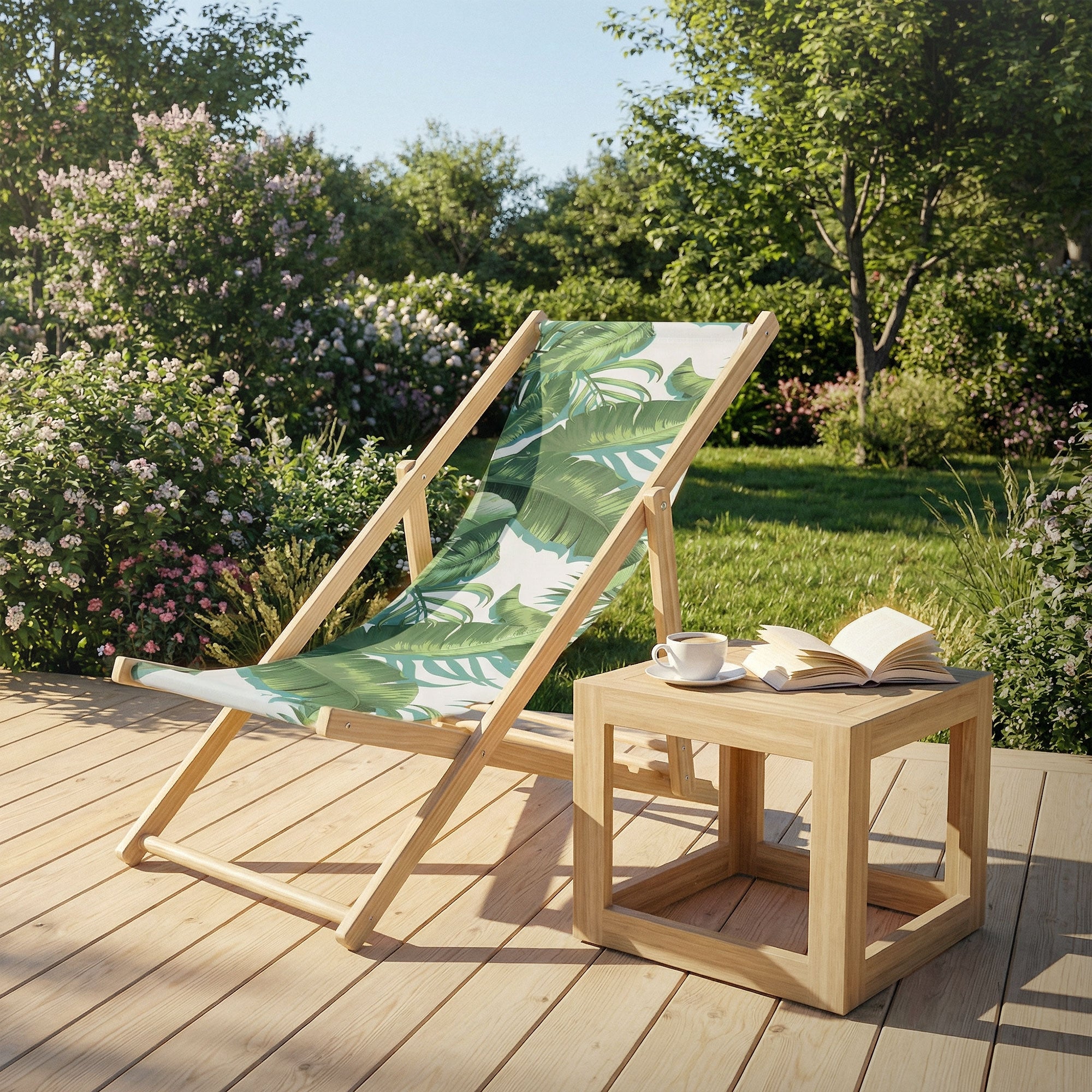 Tumbona con un motivo de plantas en una terraza de madera, al lado una mesa con un libro y una taza.