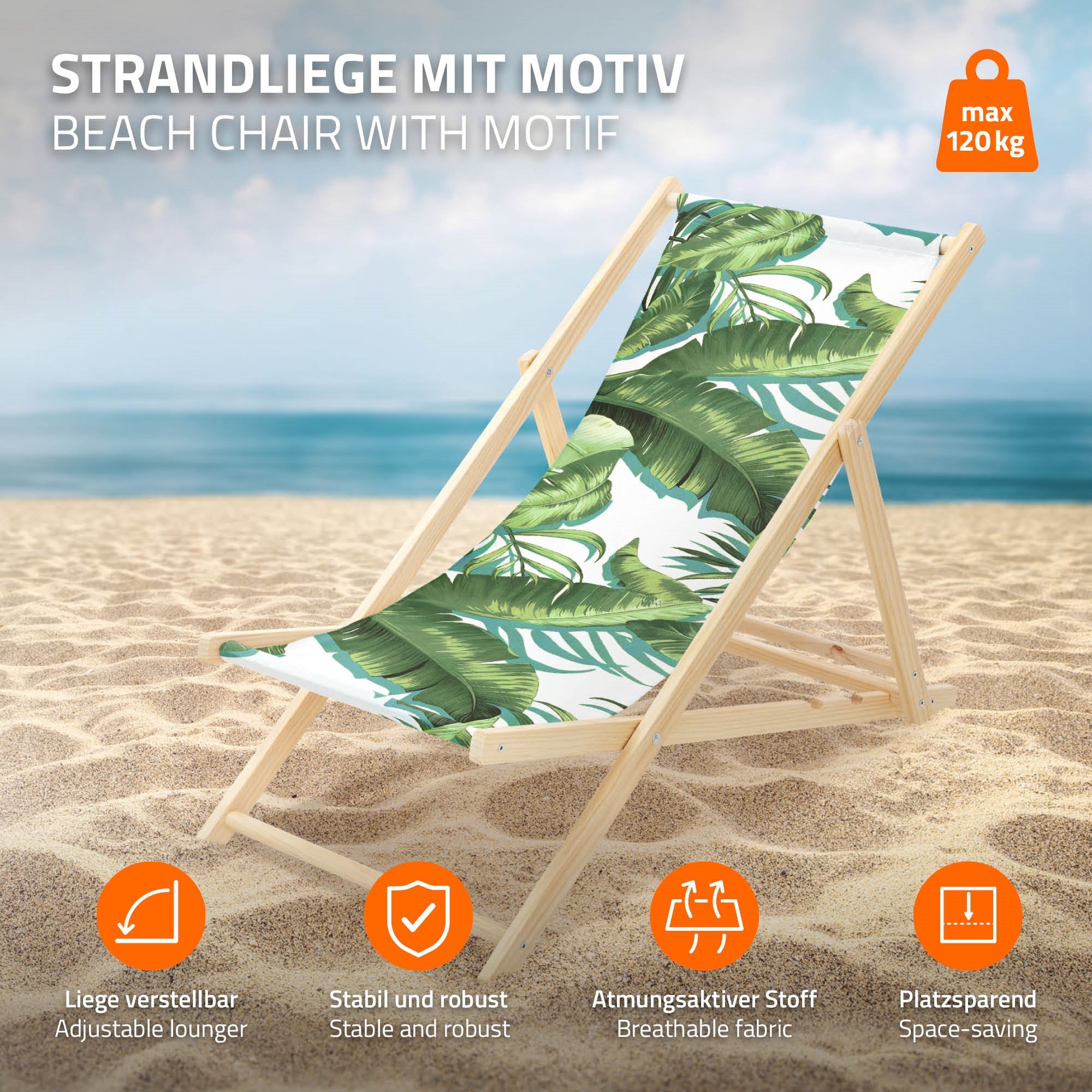 Beach lounger with green leaf motif on a wooden frame.