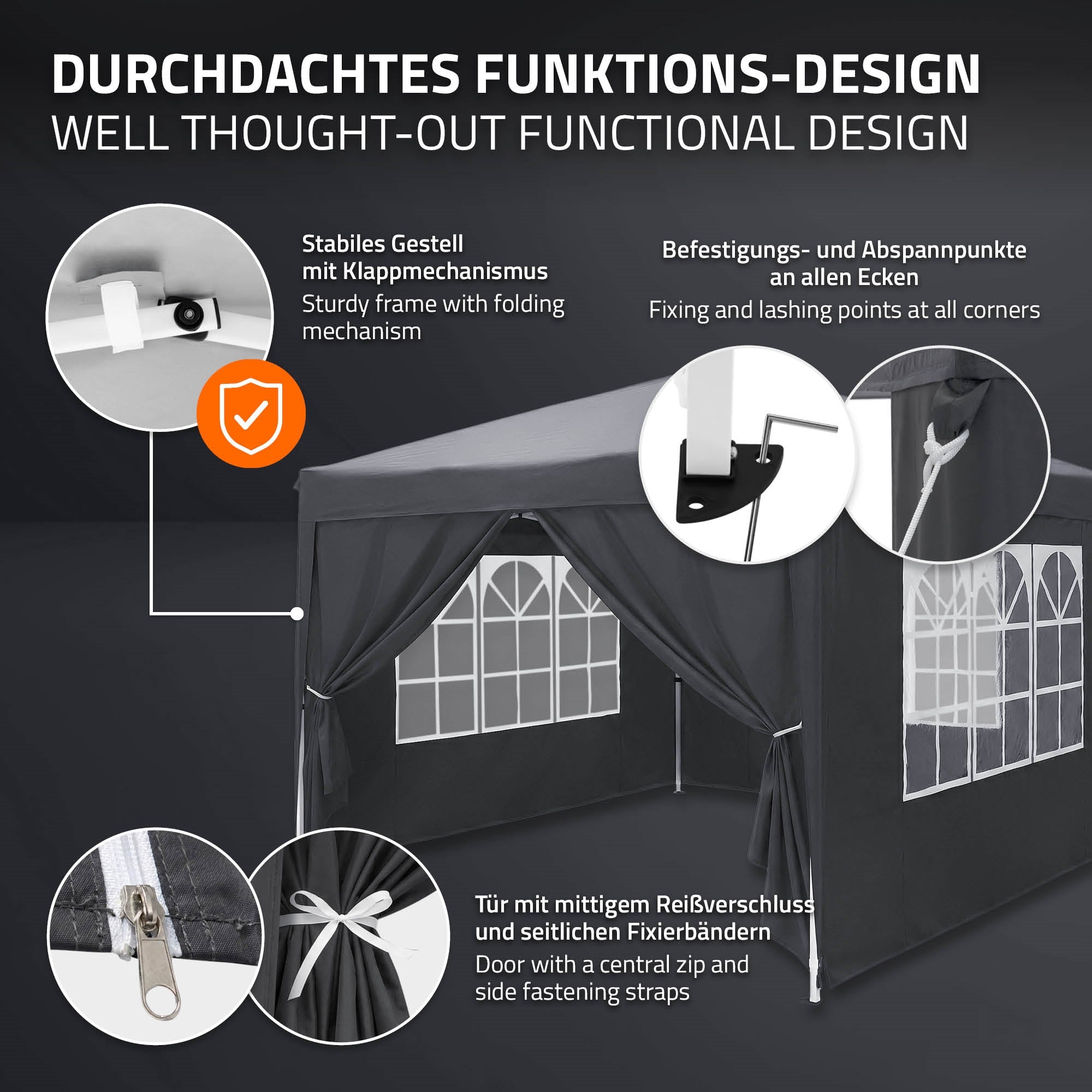 Pavillon mit stabilen Ecken und Reißverschluss-Tür, auf einem grauen Hintergrund.
