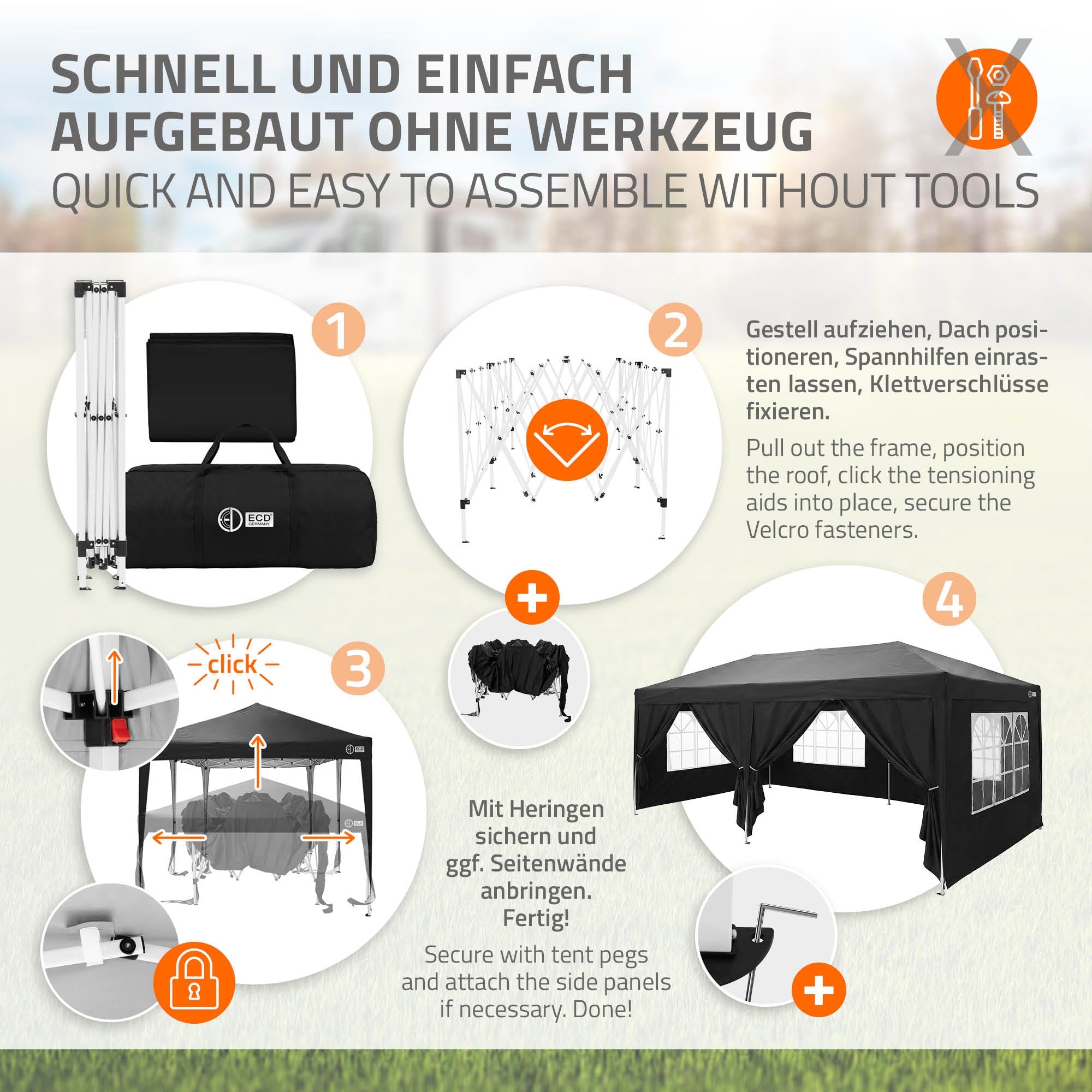 Grafik mit Anleitung zum schnellen Aufbau eines Pavillons ohne Werkzeuge.