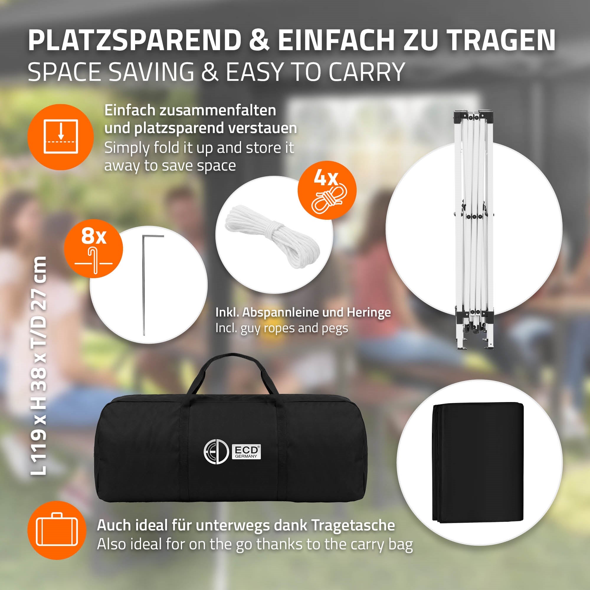 Schwarze Tragetasche für Pavillon, mit Zubehör wie Seilen und Heringen.