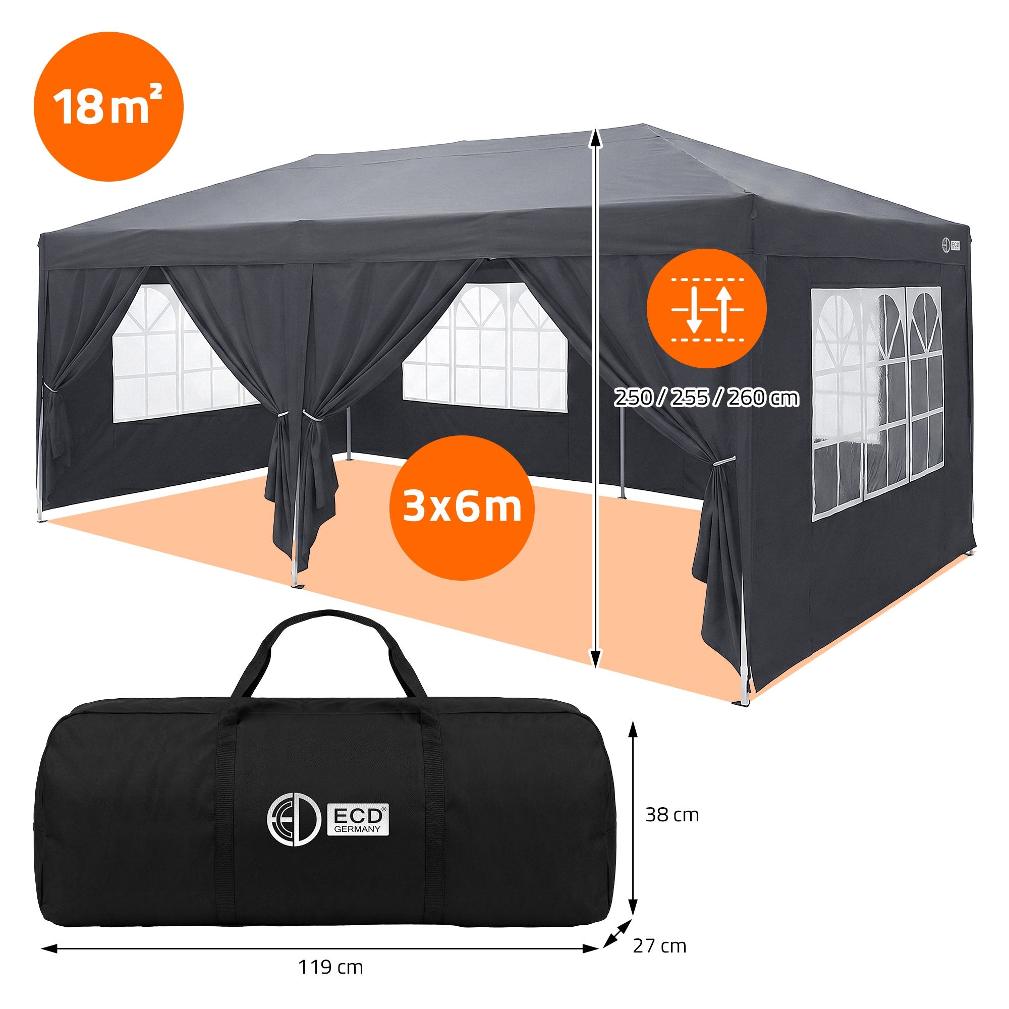 Tenda da festa nera, dimensioni 3x6m, con finestre e tende.