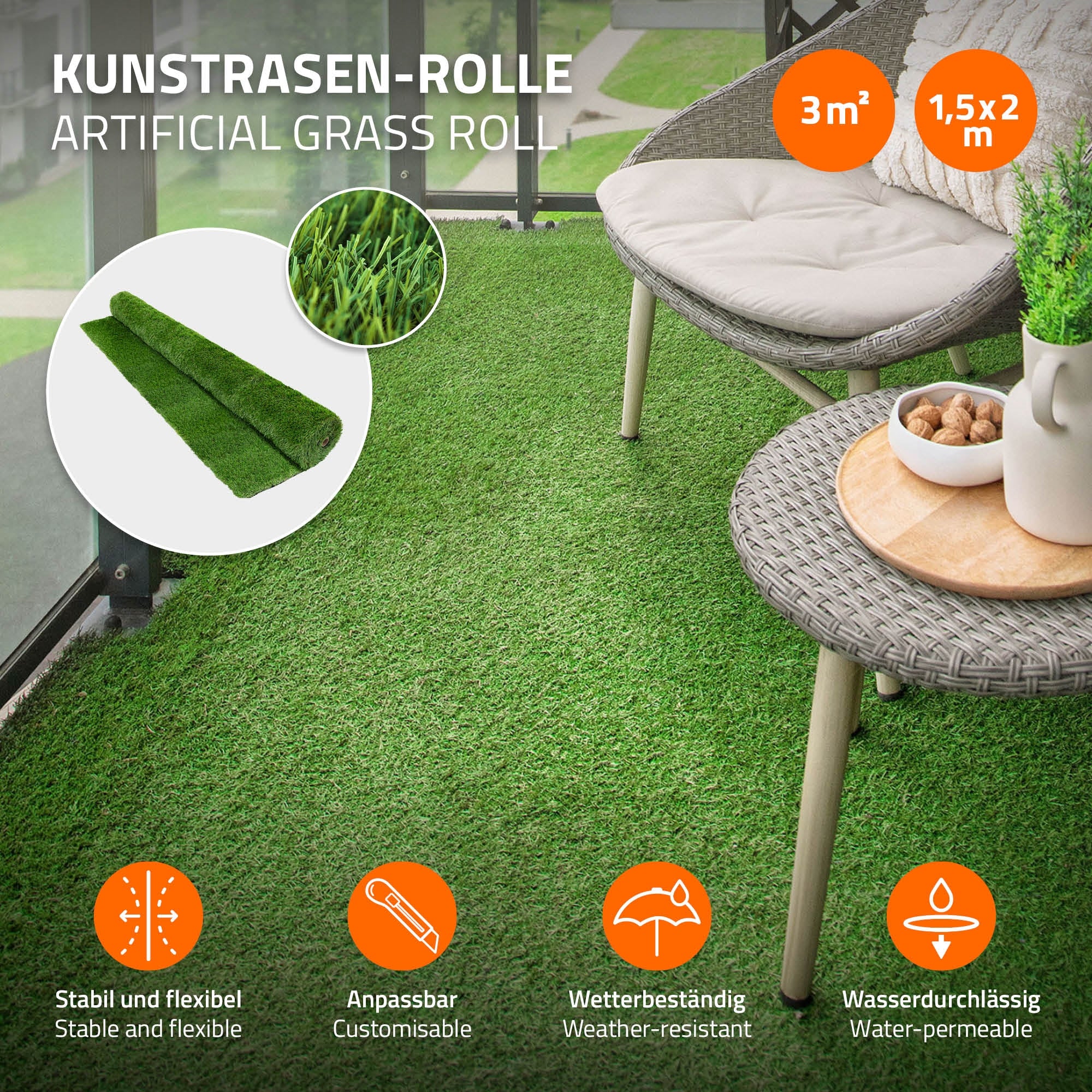 Kunststoffrasenrolle auf einem Balkon mit Möbeln, Fläche 3 m².