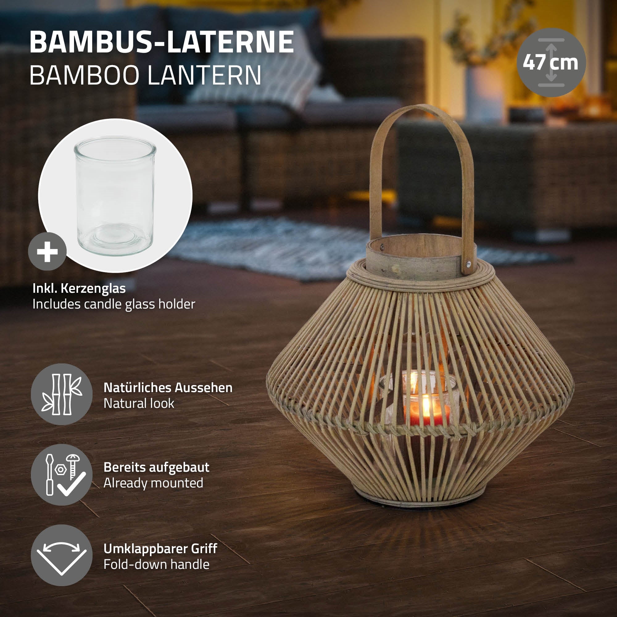 Bambusová lampa se skleněnou svíčkou, přírodním vzhledem a sklápěcím držadlem.