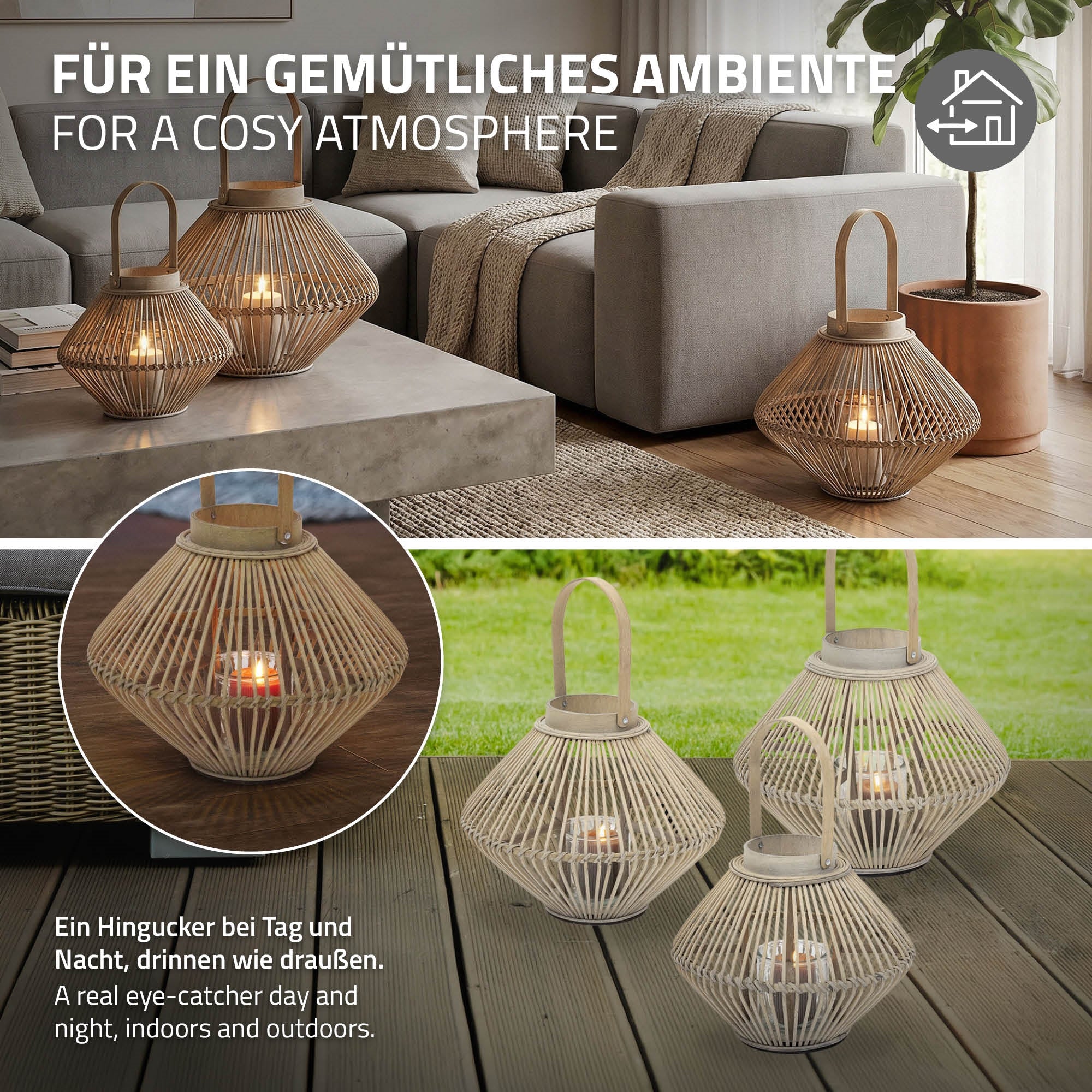 Drei Laternen aus Bambus mit Kerzen, dekoriert für eine gemütliche Atmosphäre.