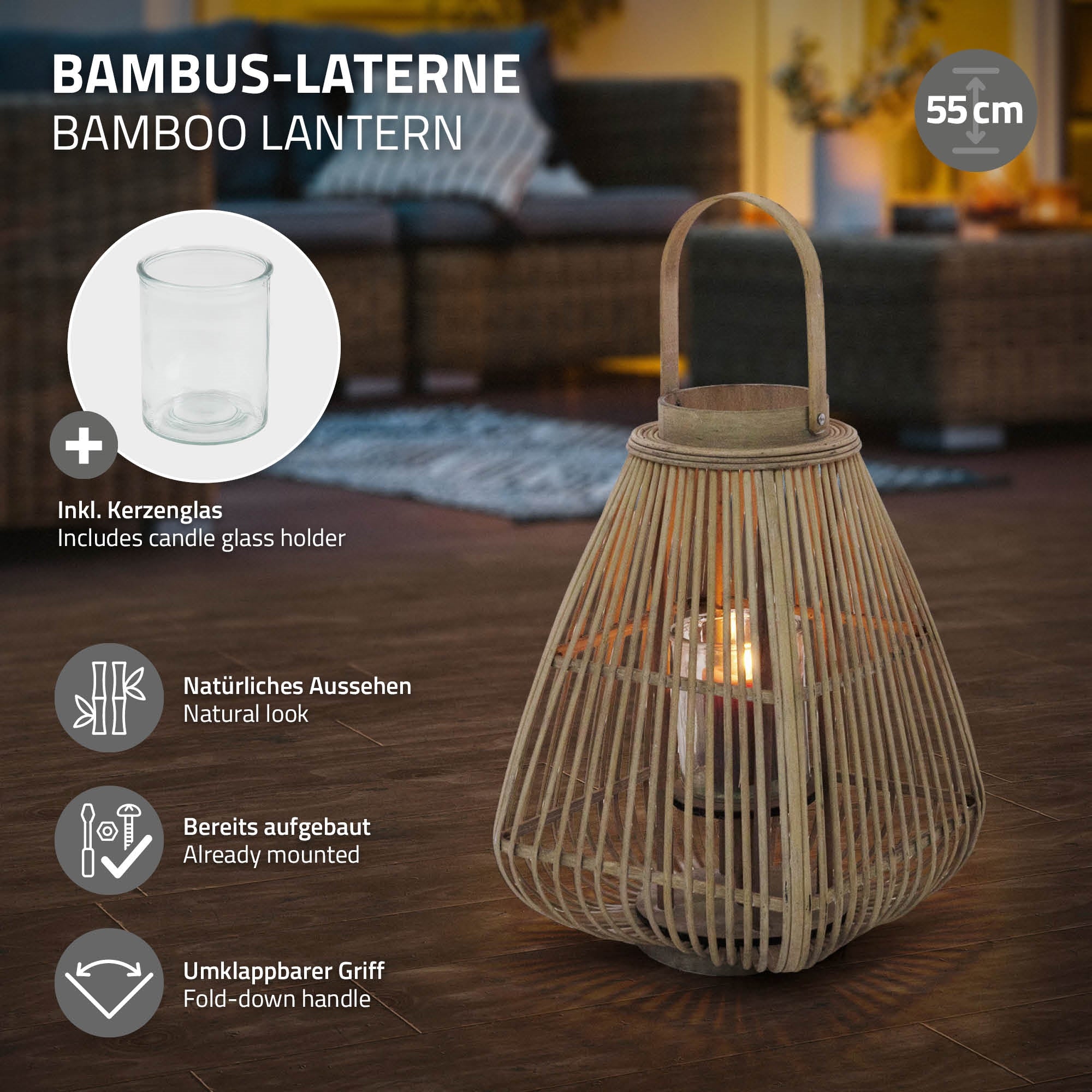 Bambulamppu kynttilälasilla, 55 cm korkea, luonnollinen ilme, jo koottu.