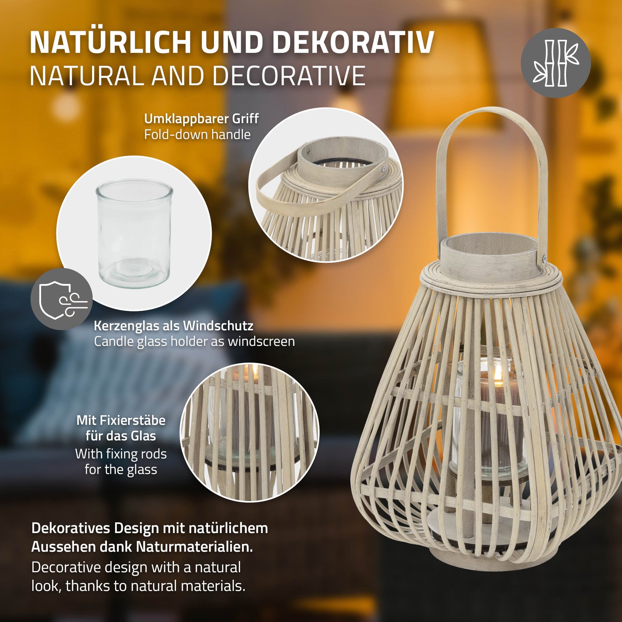Laterne mit Kerzenglas und umklappbarem Griff, dekorativ gestaltet.