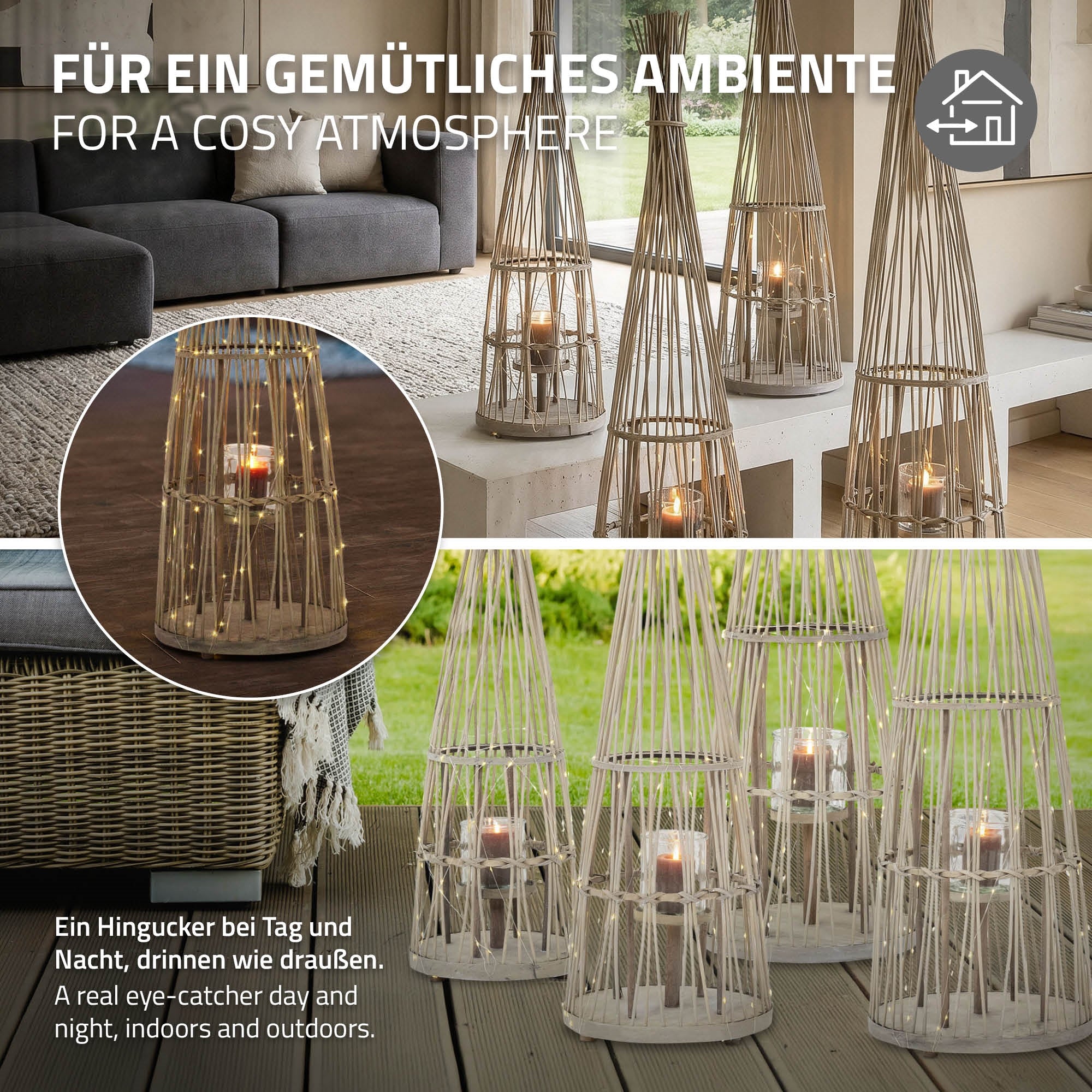 Mehrere Laternen aus Rattan mit Kerzen auf einem Tisch in einem gemütlichen Raum.