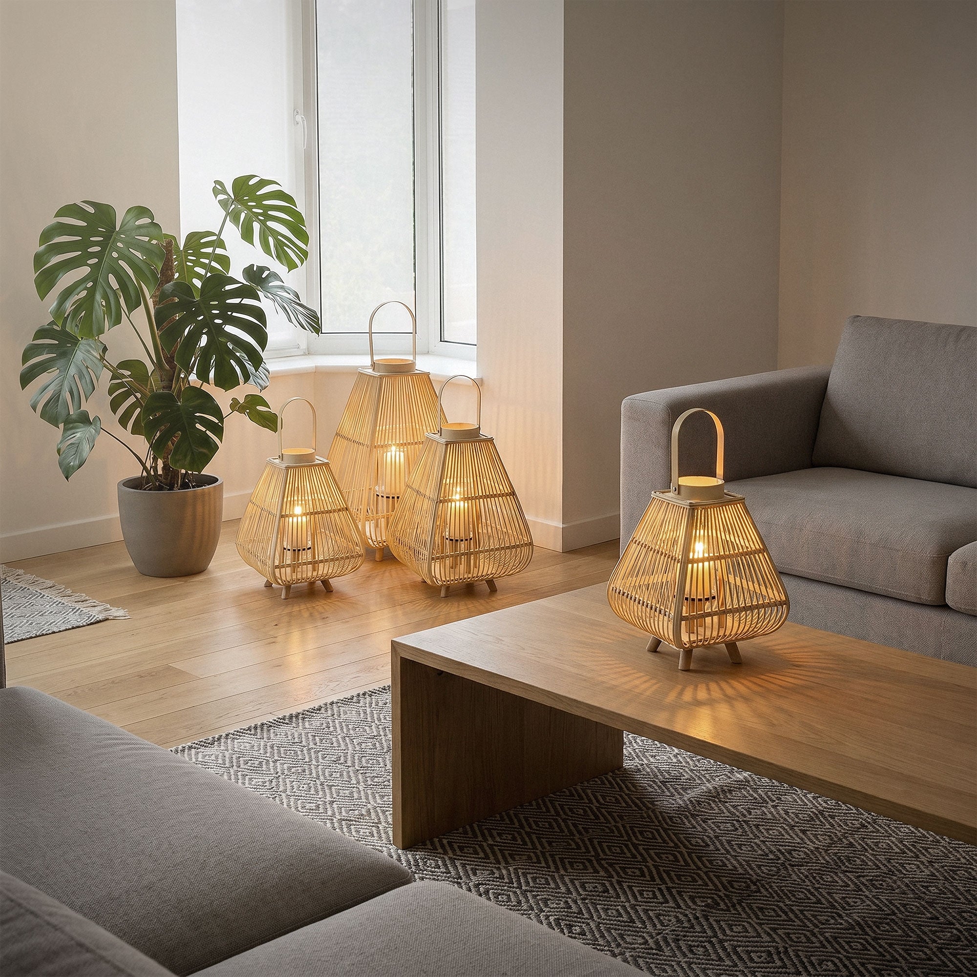 Wohnzimmer mit runden, geflochtenen Lampen und einer Pflanze in der Ecke.