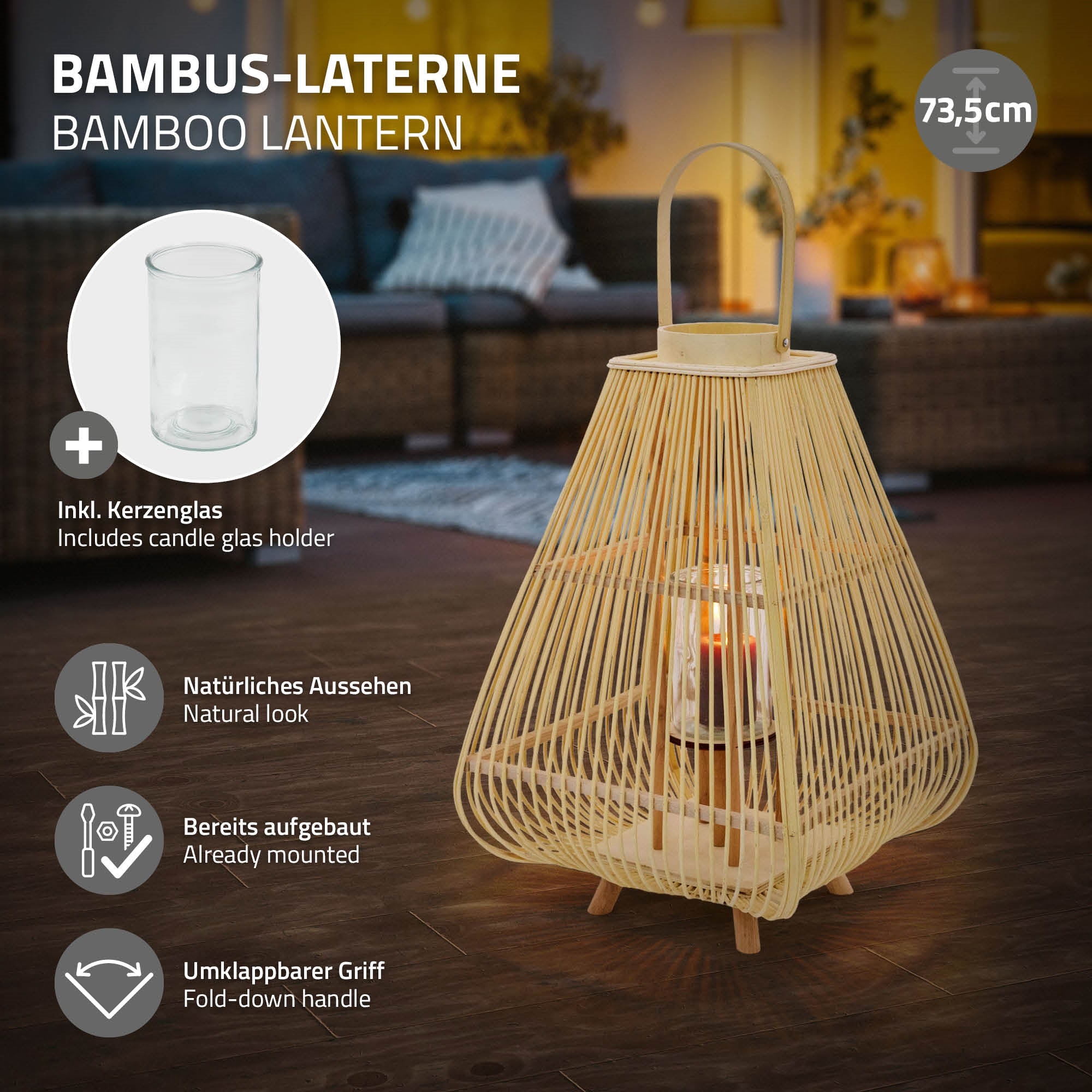 Kulatá bambusová lampa s odnímatelným držákem na svíčku a rukojetí.