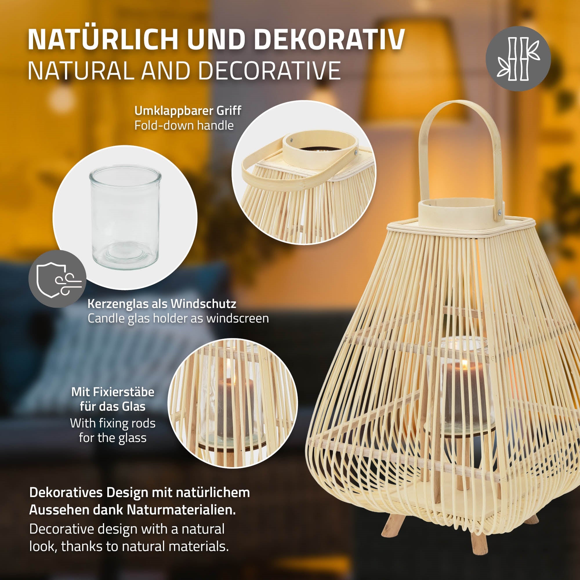 Eine dekorative Laterne mit einem Glas und einem faltbaren Griff auf einem Tisch.